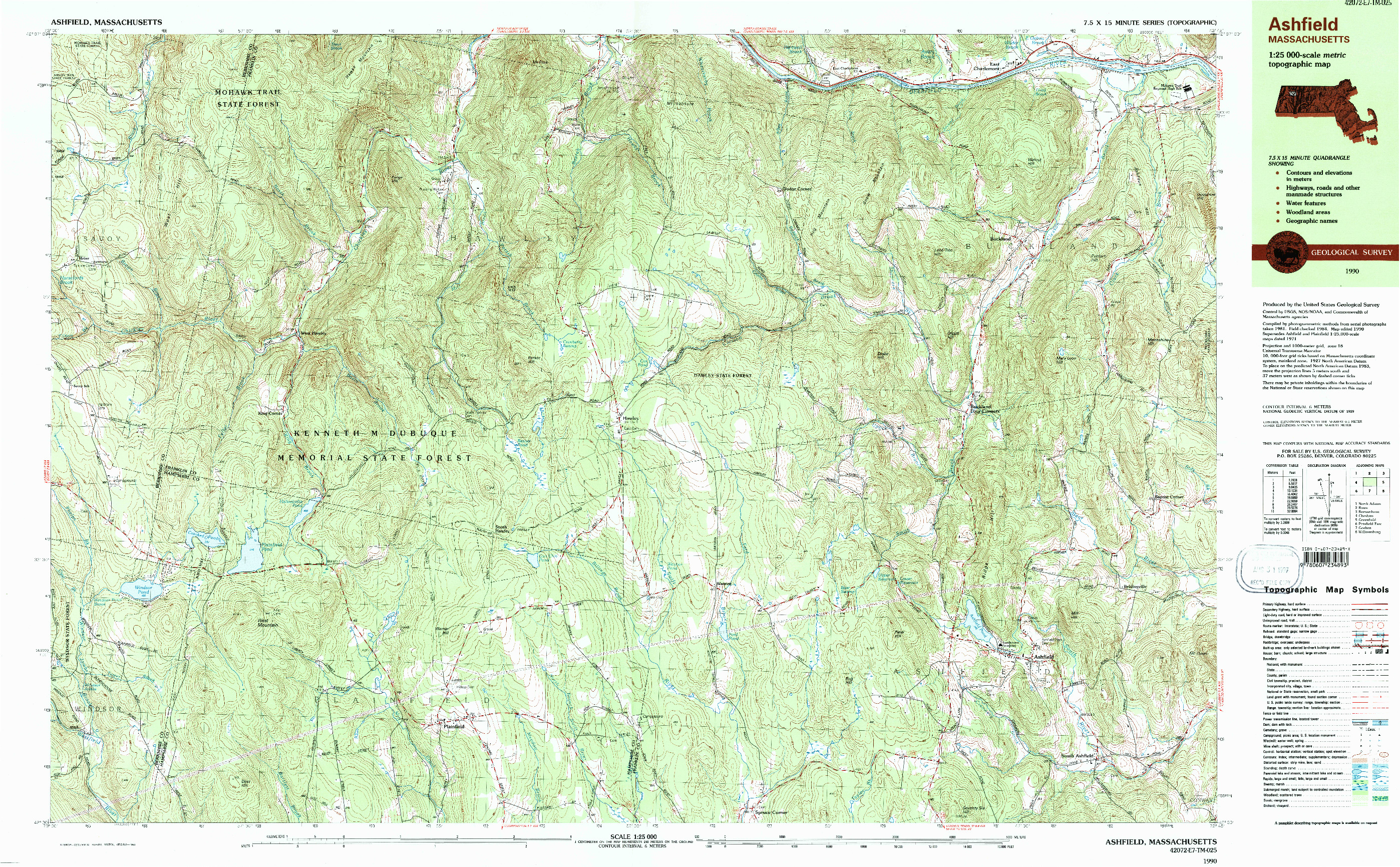 USGS 1:25000-SCALE QUADRANGLE FOR ASHFIELD, MA 1990