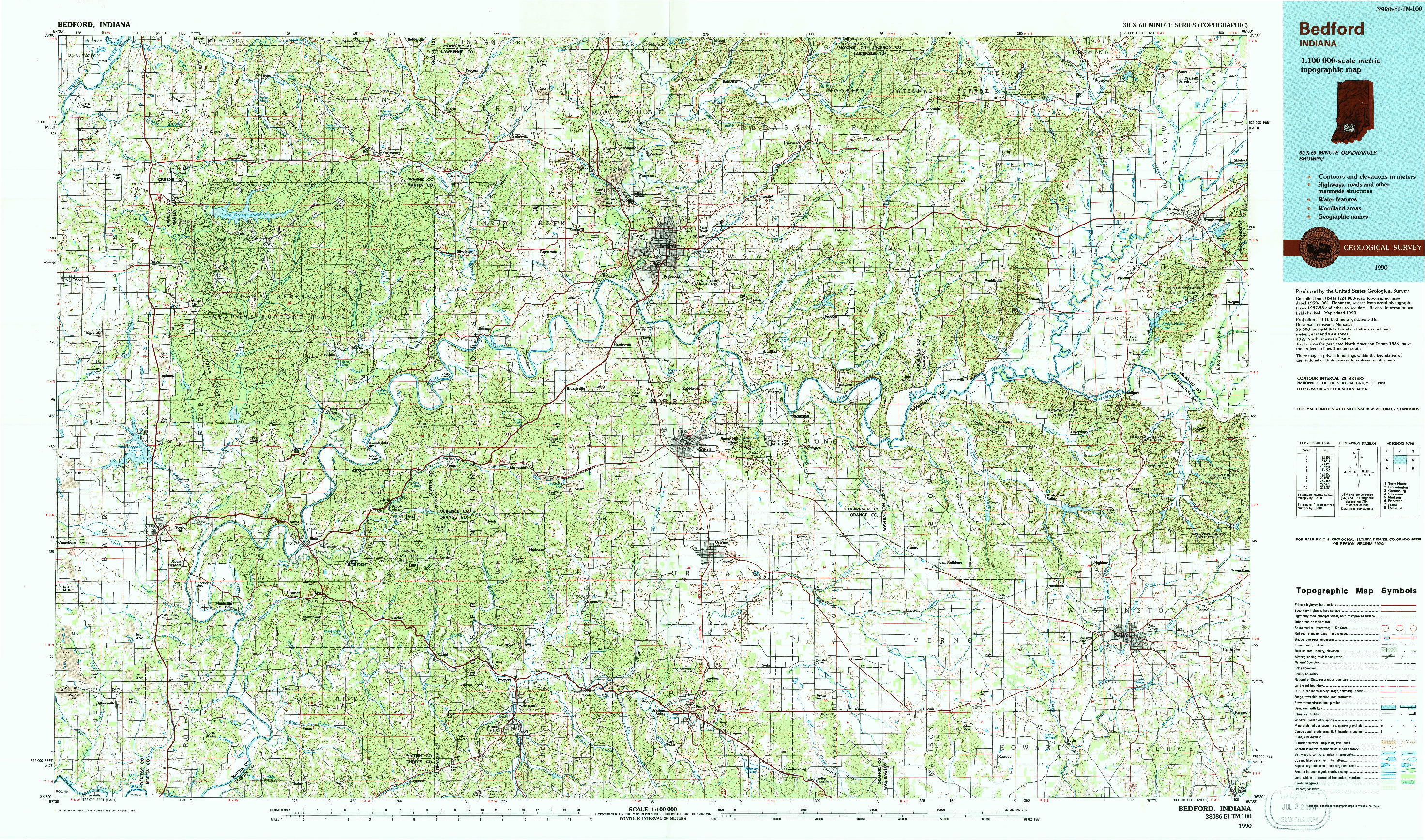 USGS 1:100000-SCALE QUADRANGLE FOR BEDFORD, IN 1990