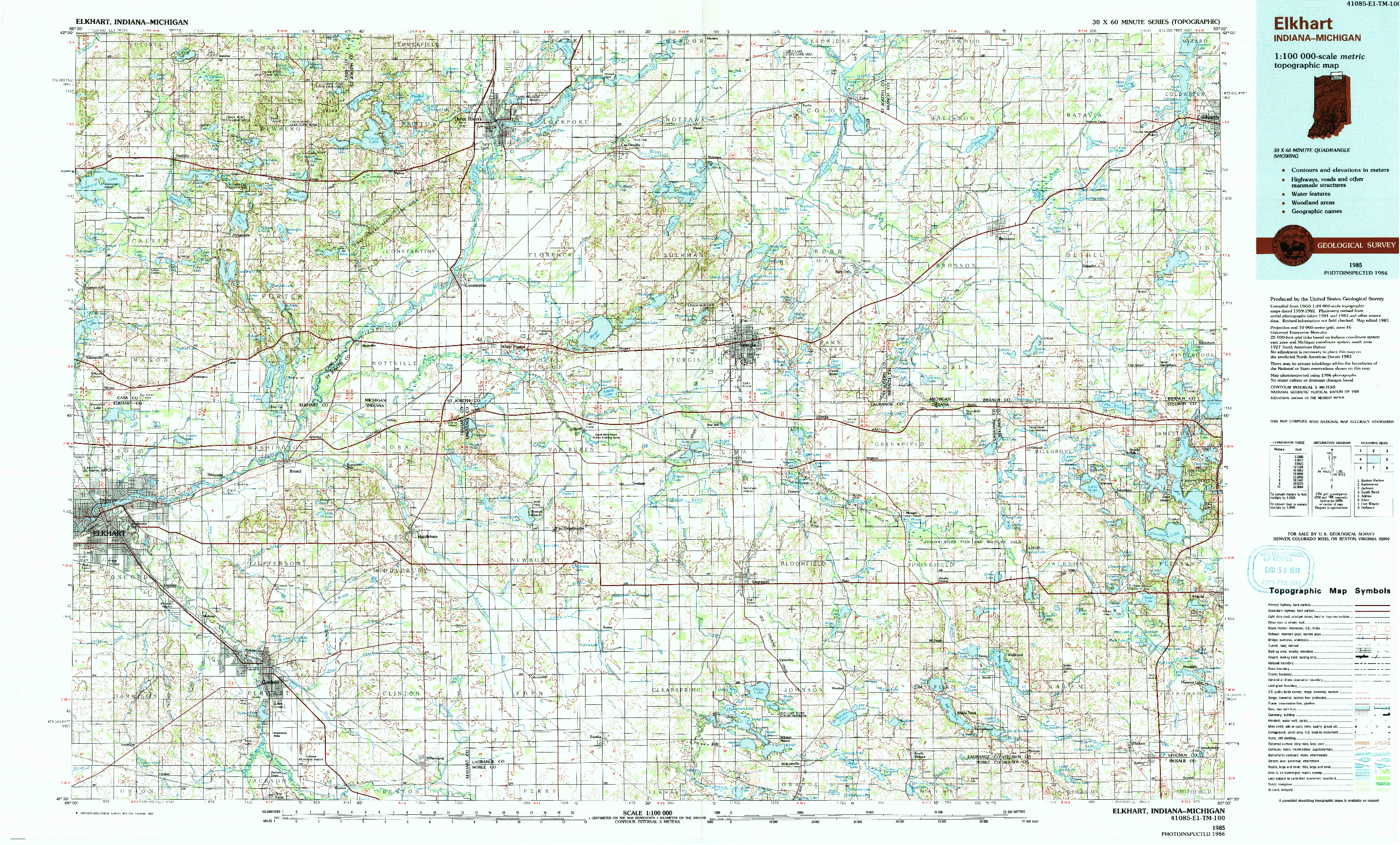 USGS 1:100000-SCALE QUADRANGLE FOR ELKHART, IN 1985