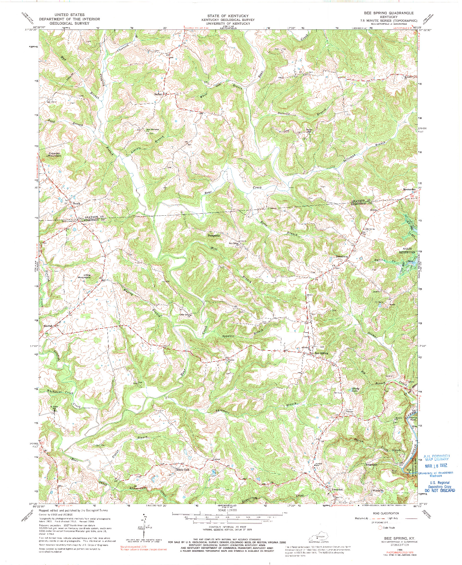 USGS 1:24000-SCALE QUADRANGLE FOR BEE SPRING, KY 1966