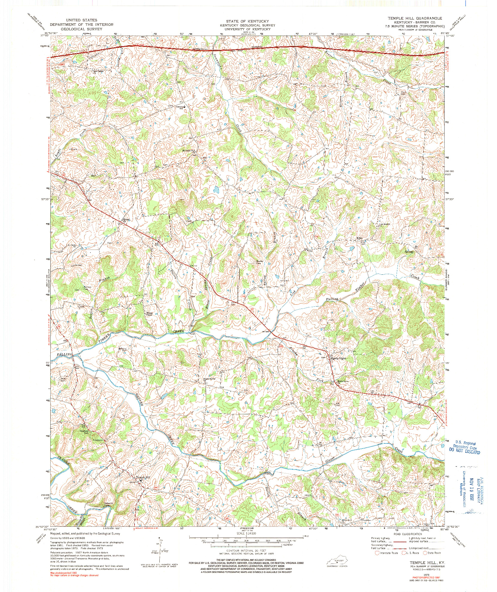 USGS 1:24000-SCALE QUADRANGLE FOR TEMPLE HILL, KY 1973