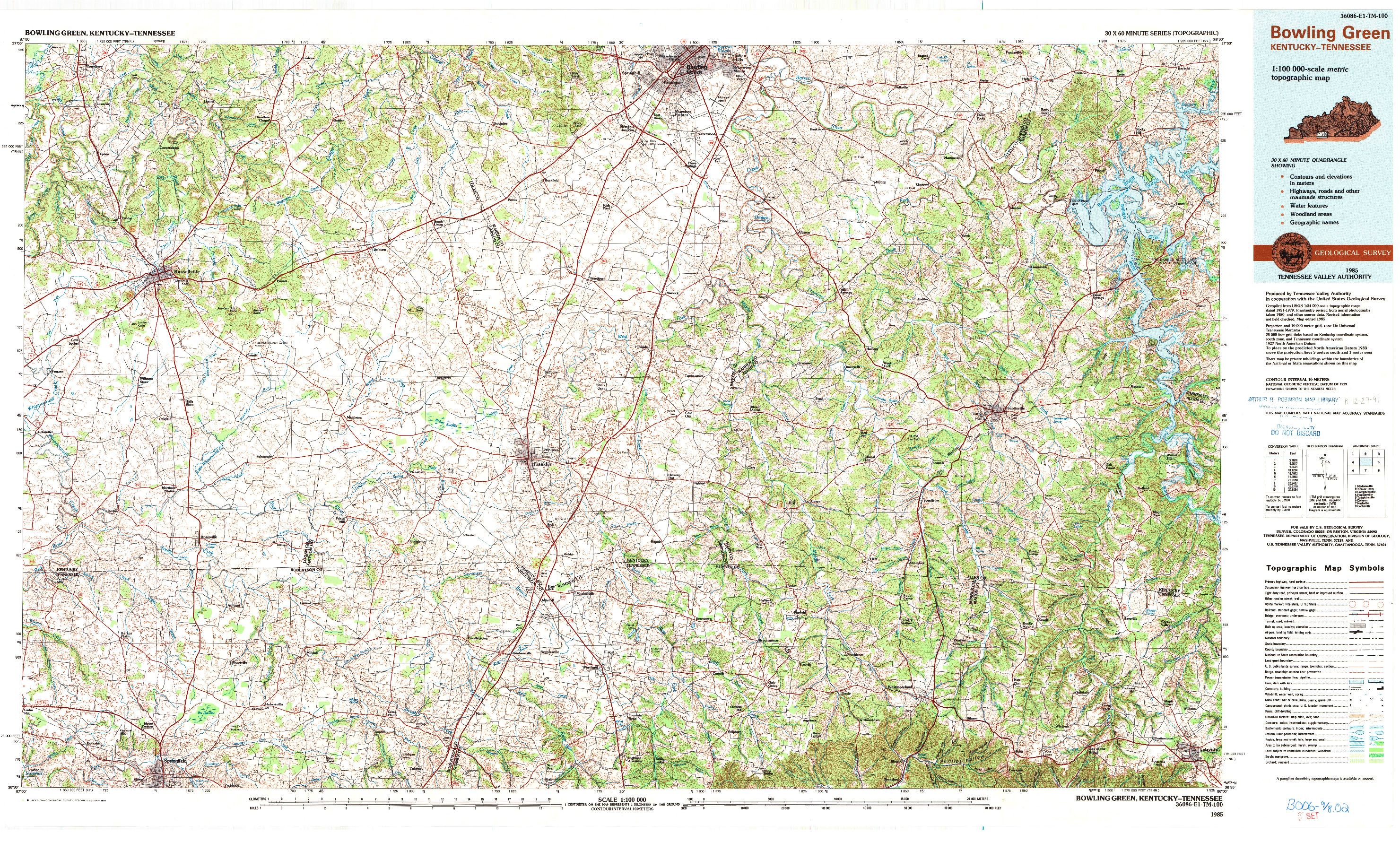 USGS 1:100000-SCALE QUADRANGLE FOR BOWLING GREEN, KY 1985