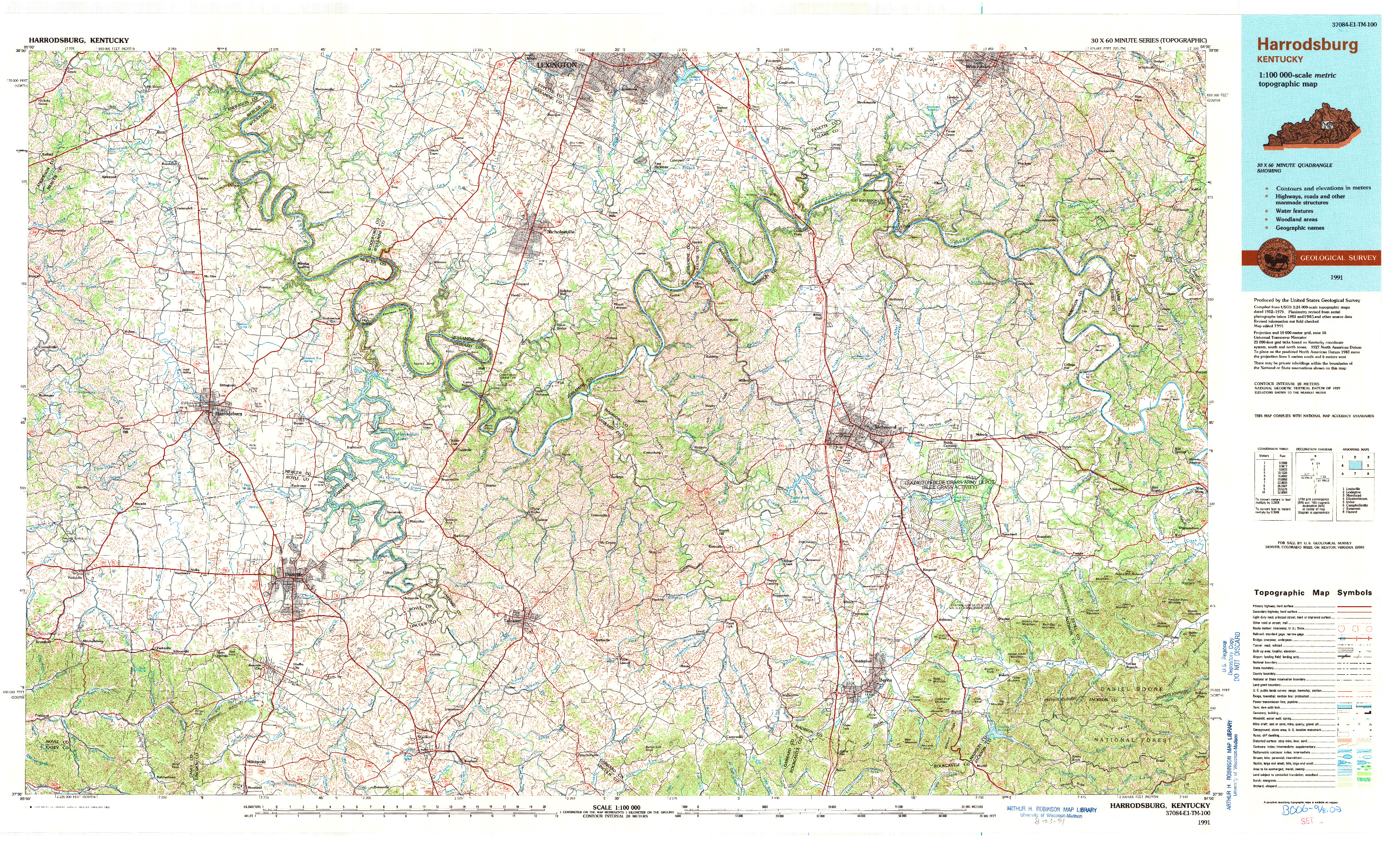 USGS 1:100000-SCALE QUADRANGLE FOR HARRODSBURG, KY 1991