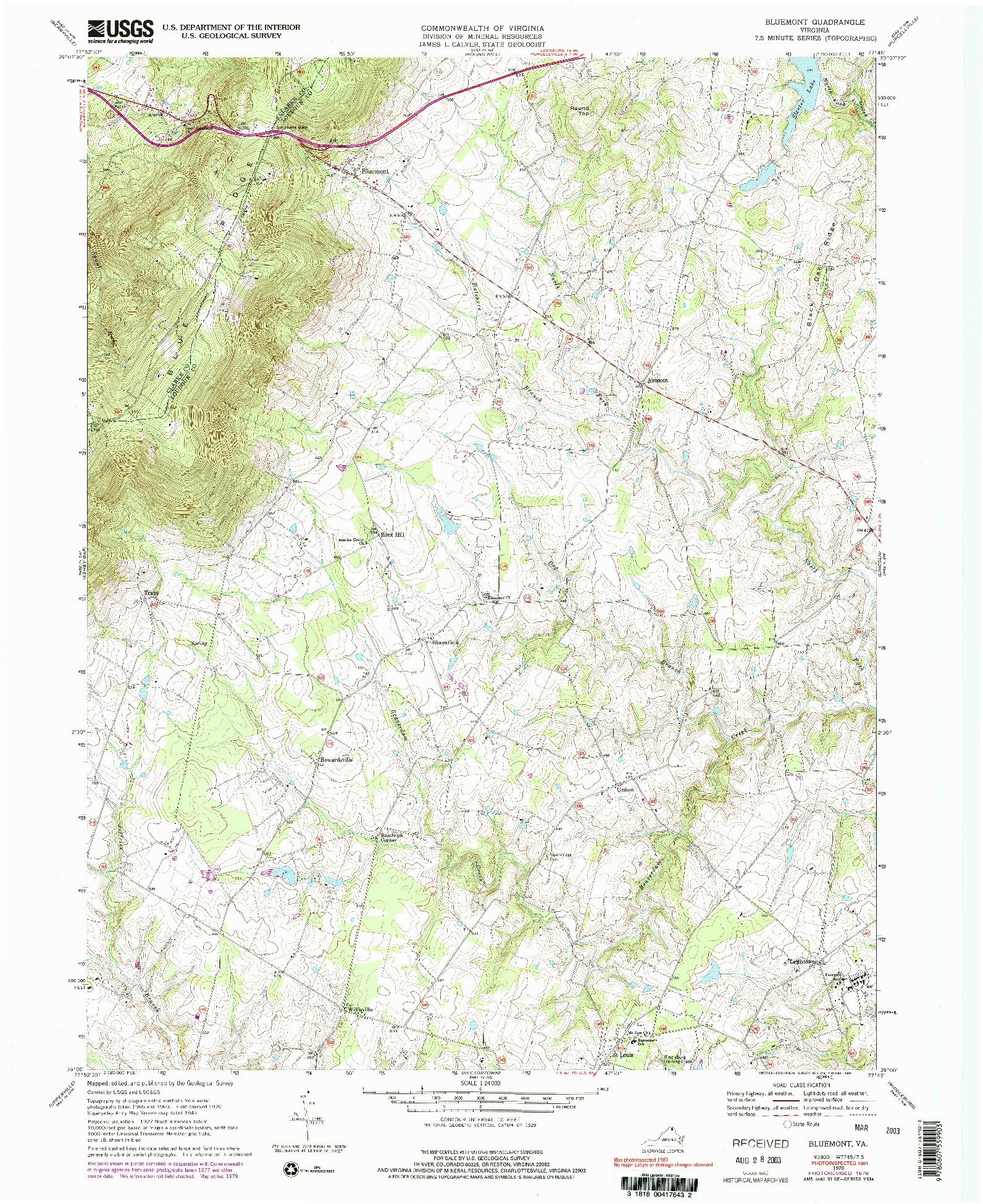 USGS 1:24000-SCALE QUADRANGLE FOR BLUEMONT, VA 1970