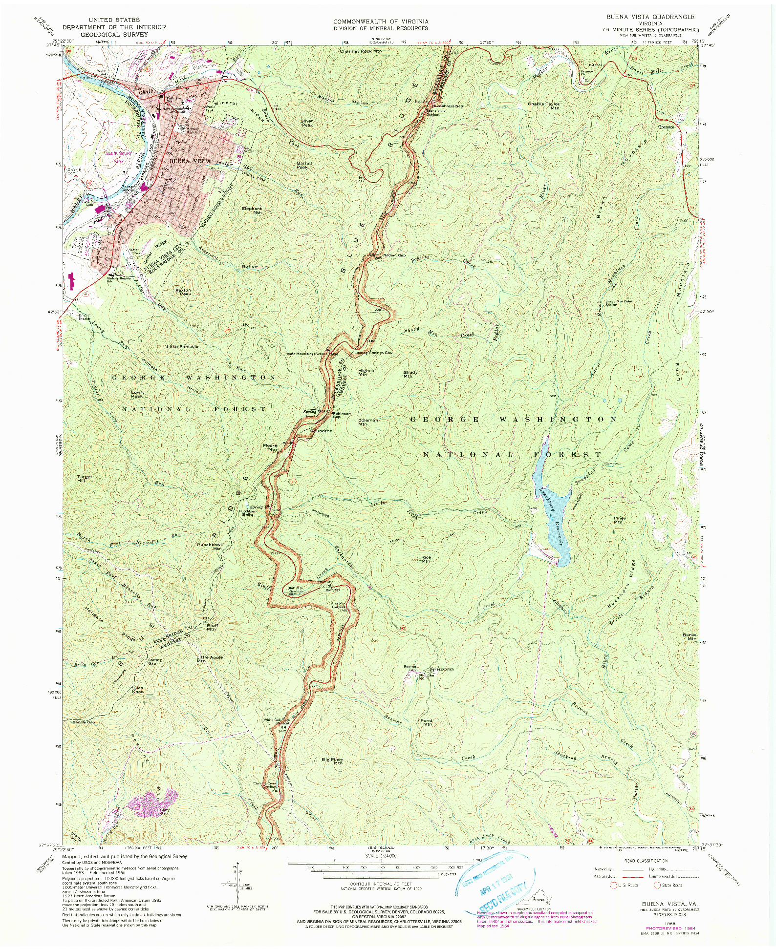 USGS 1:24000-SCALE QUADRANGLE FOR BUENA VISTA, VA 1965