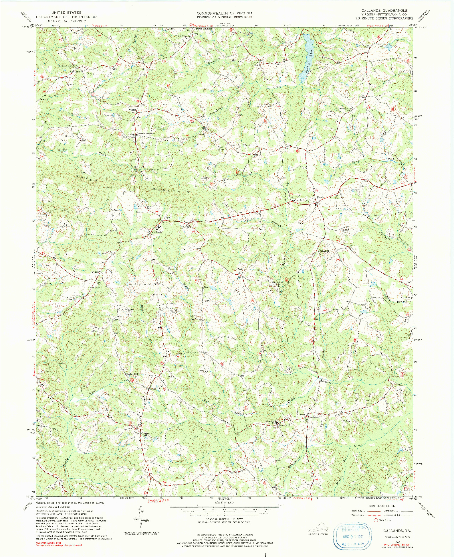 USGS 1:24000-SCALE QUADRANGLE FOR CALLANDS, VA 1965