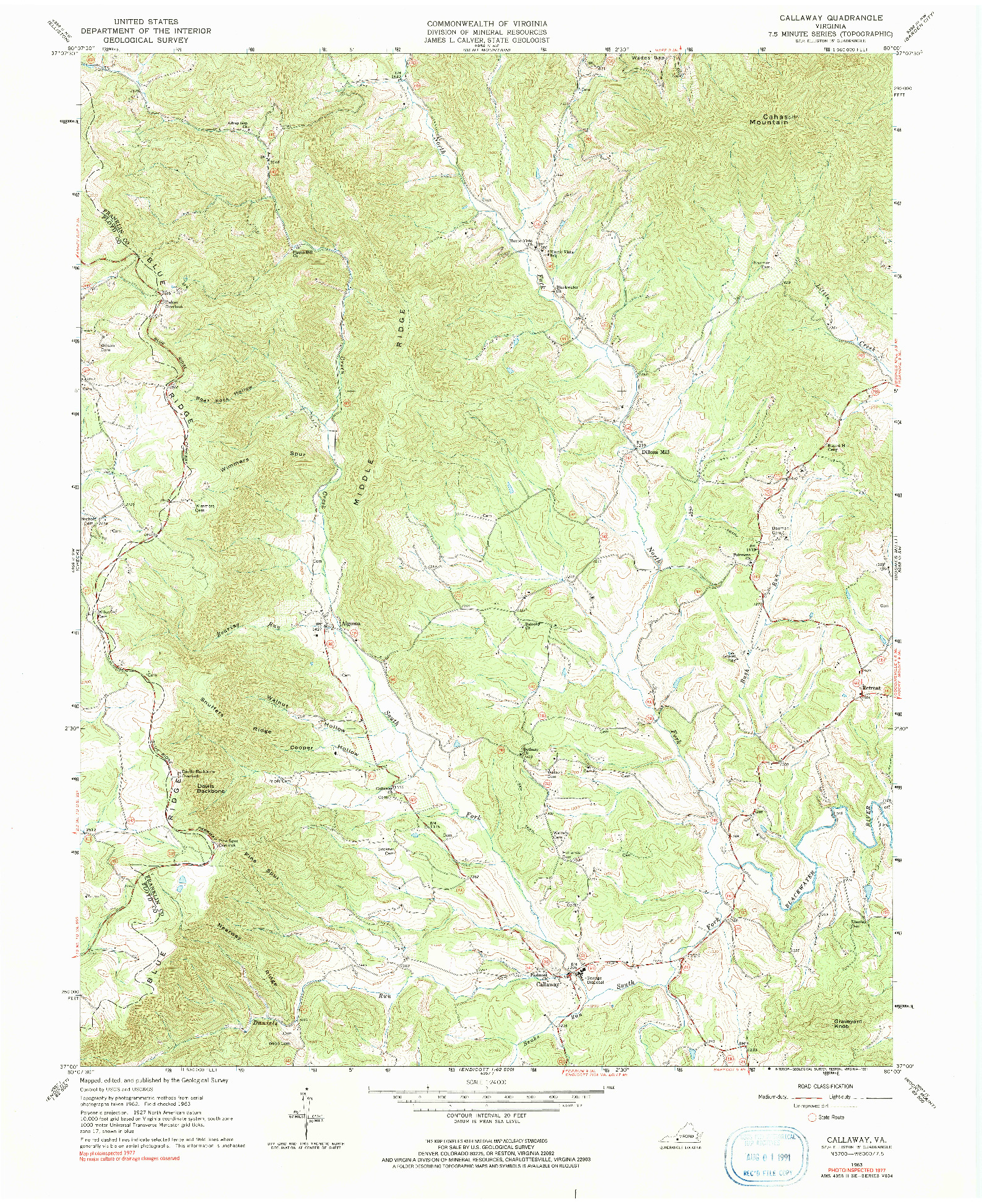 USGS 1:24000-SCALE QUADRANGLE FOR CALLAWAY, VA 1963