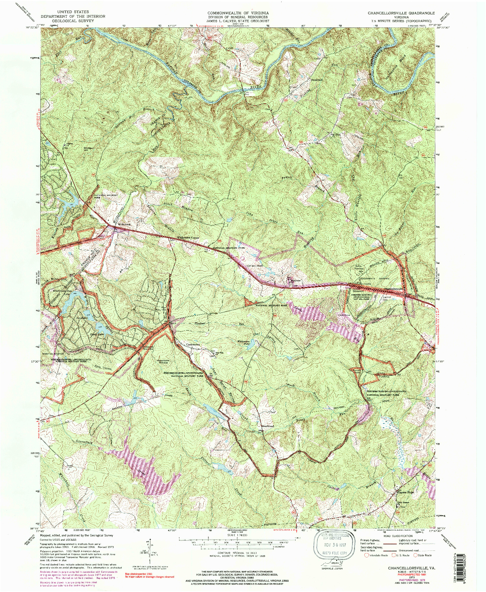 USGS 1:24000-SCALE QUADRANGLE FOR CHANCELLORSVILLE, VA 1973