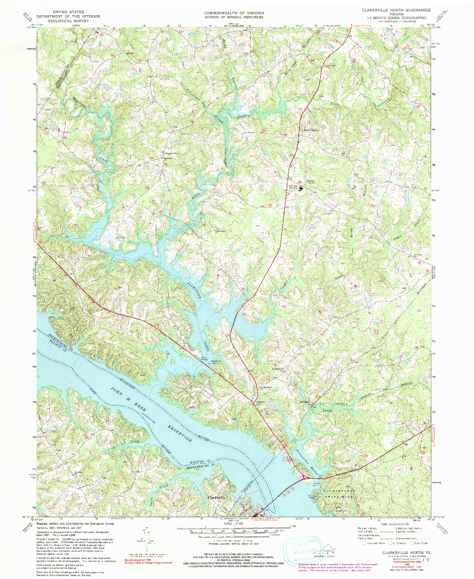 USGS 1:24000-SCALE QUADRANGLE FOR CLARKSVILLE NORTH, VA 1968