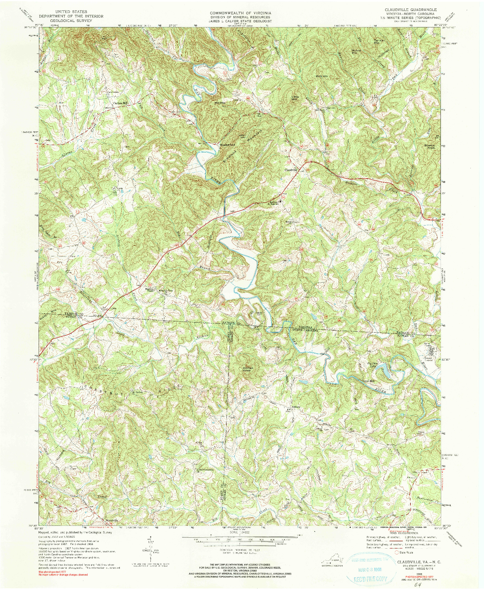 USGS 1:24000-SCALE QUADRANGLE FOR CLAUDVILLE, VA 1968