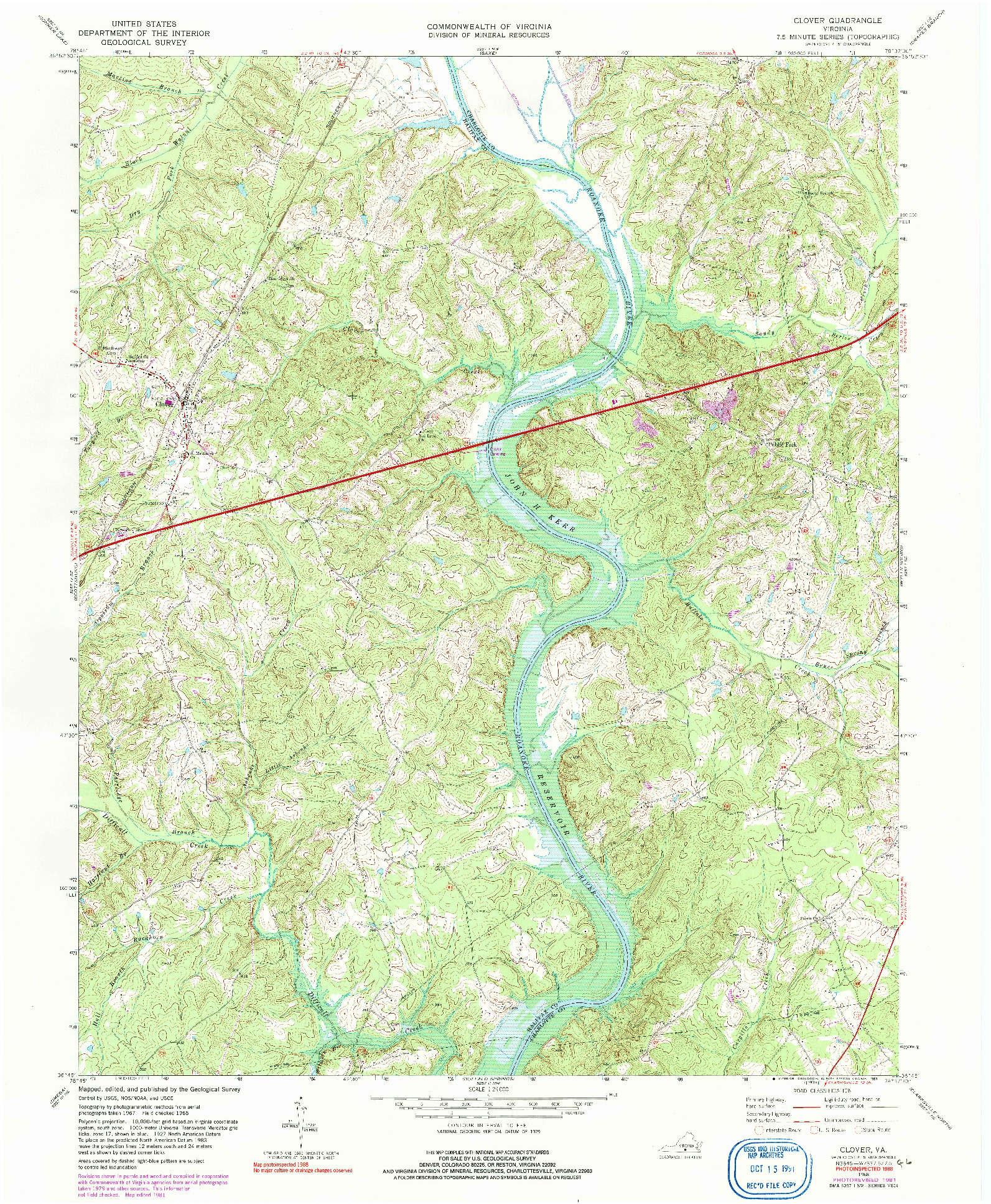 USGS 1:24000-SCALE QUADRANGLE FOR CLOVER, VA 1968