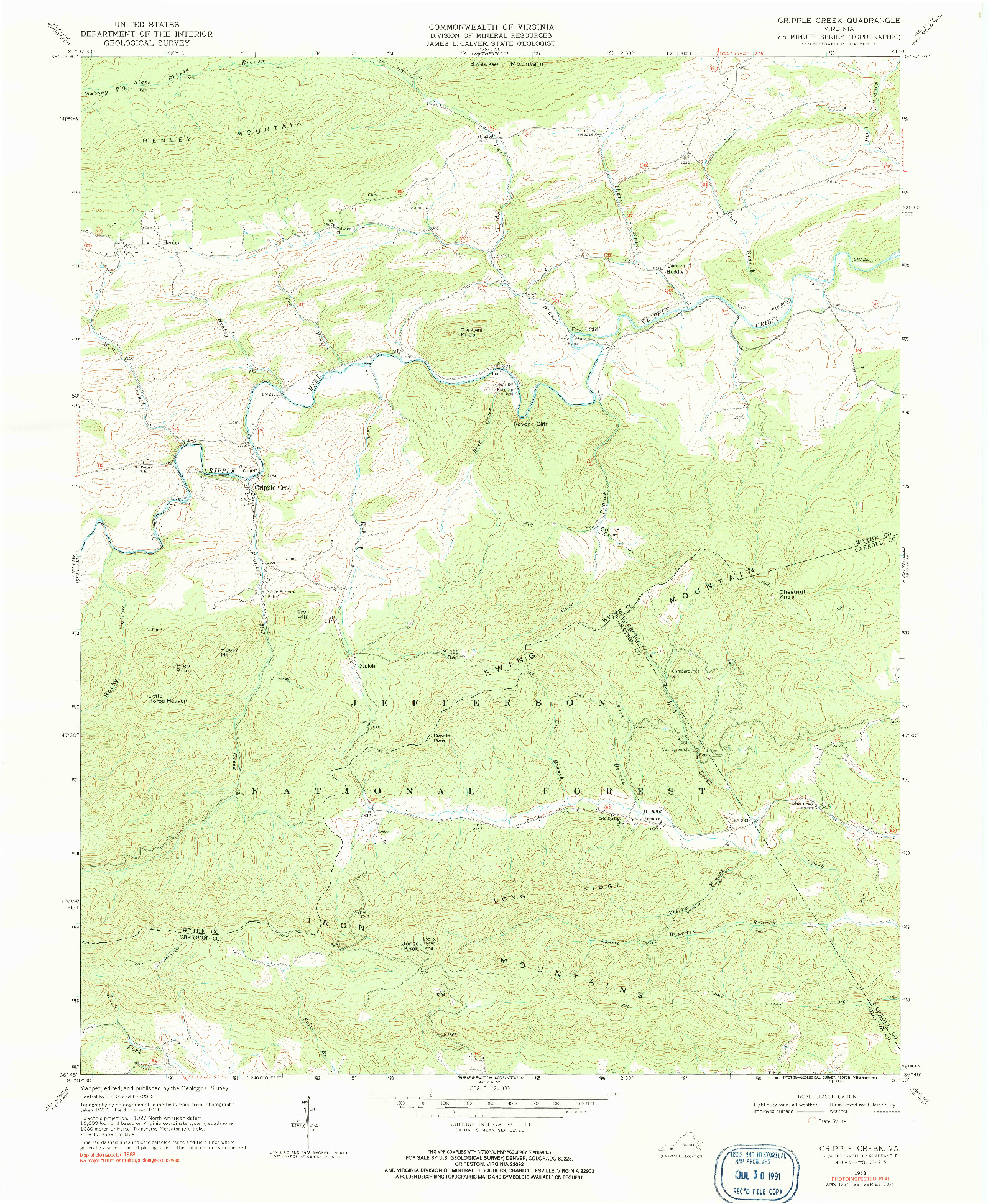USGS 1:24000-SCALE QUADRANGLE FOR CRIPPLE CREEK, VA 1968