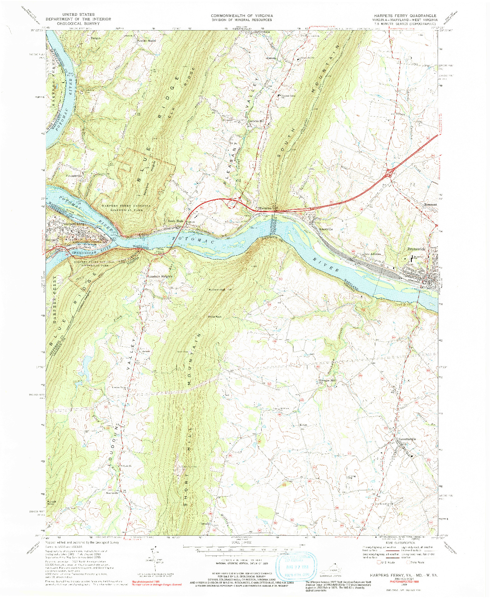 USGS 1:24000-SCALE QUADRANGLE FOR HARPERS FERRY, VA 1969