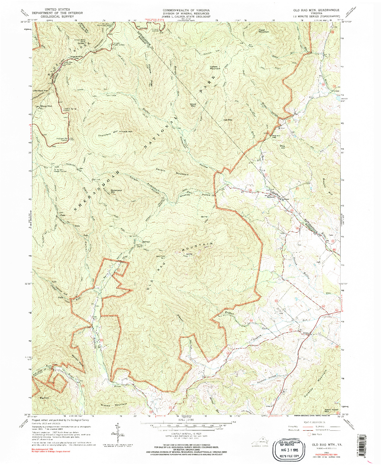 USGS 1:24000-SCALE QUADRANGLE FOR OLD RAG MOUNTAIN, VA 1965