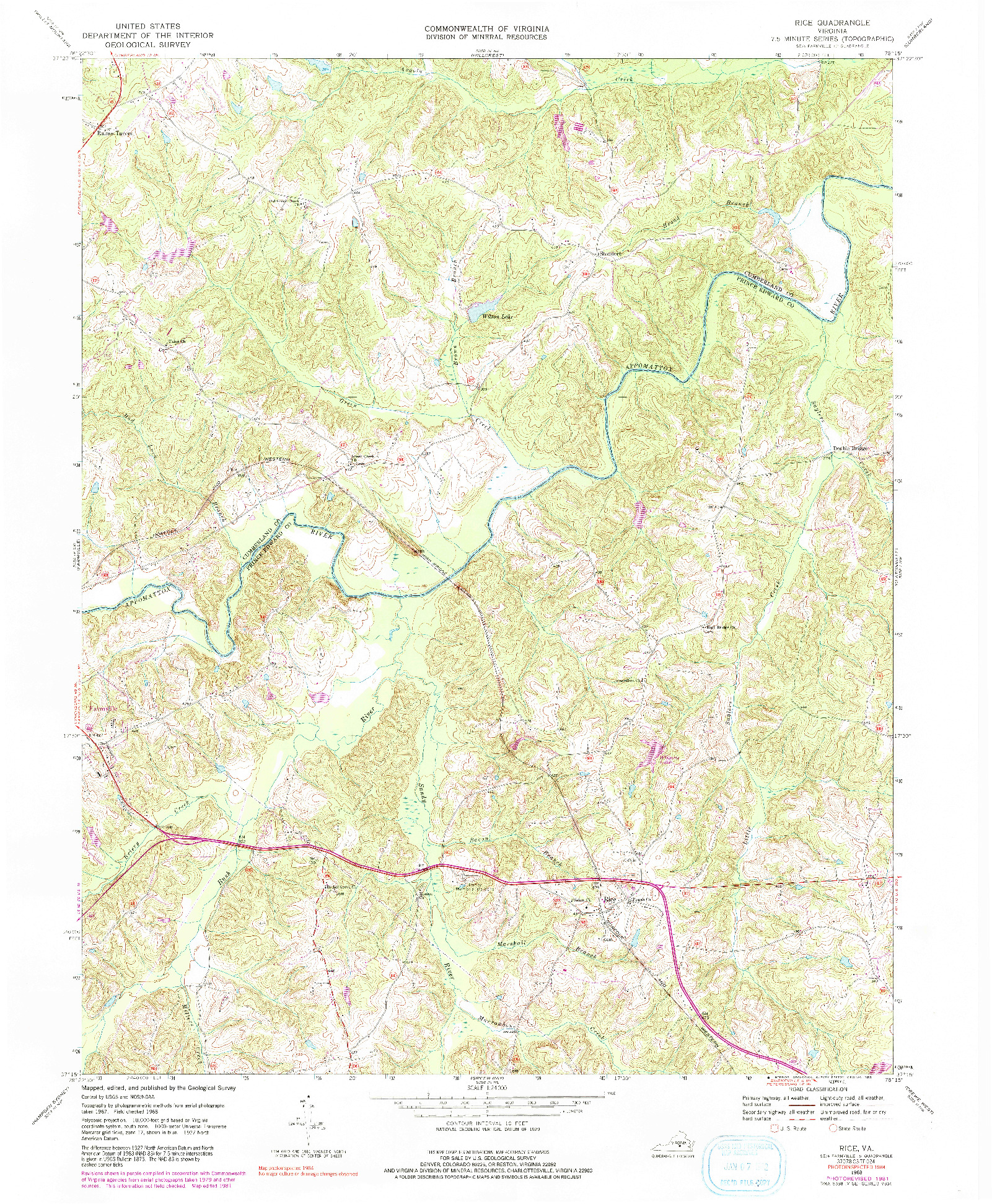 USGS 1:24000-SCALE QUADRANGLE FOR RICE, VA 1968