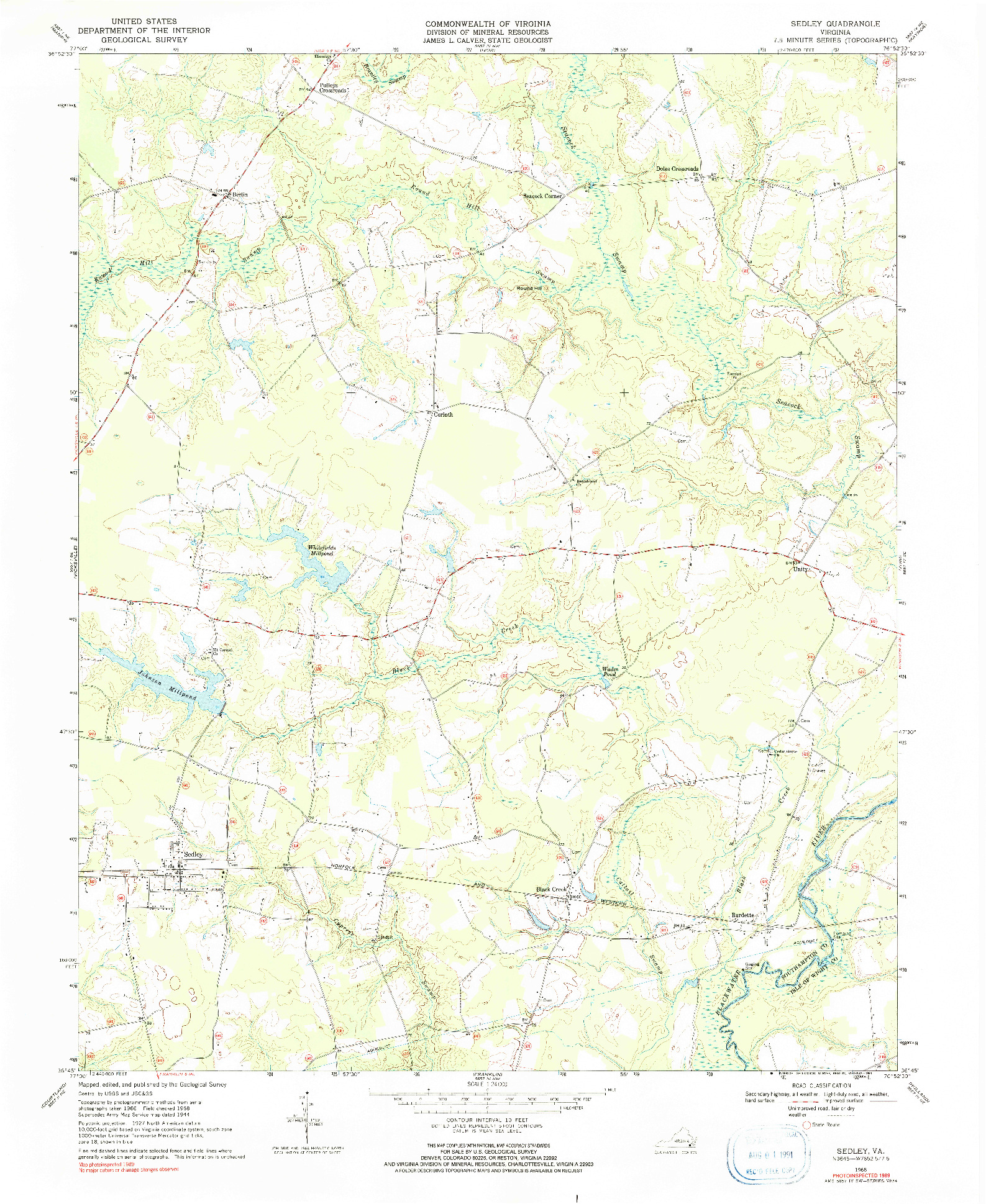 USGS 1:24000-SCALE QUADRANGLE FOR SEDLEY, VA 1968