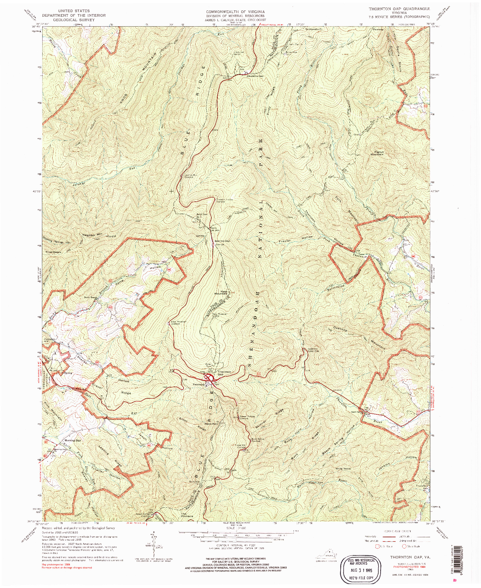 USGS 1:24000-SCALE QUADRANGLE FOR THORNTON GAP, VA 1965