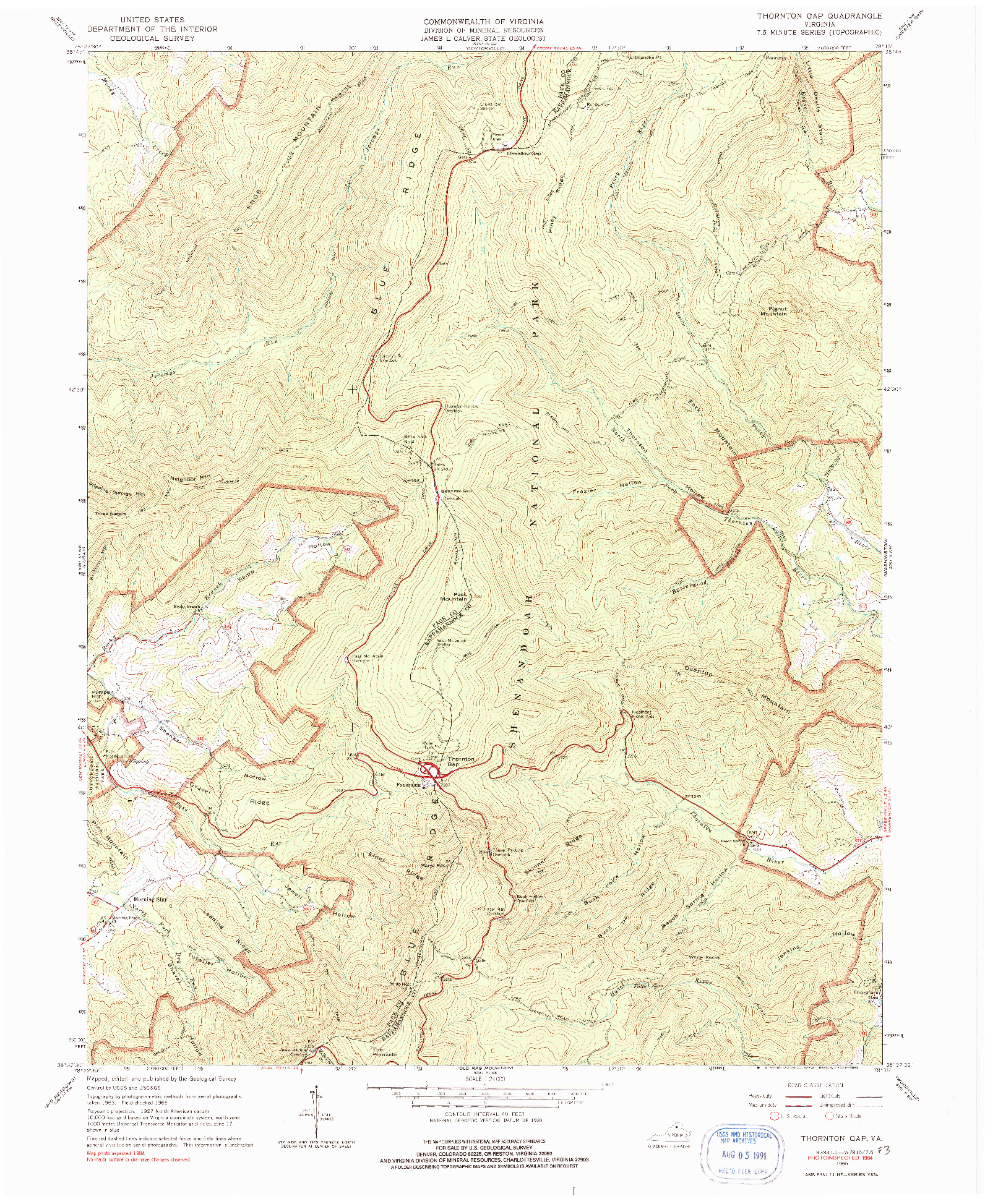 USGS 1:24000-SCALE QUADRANGLE FOR THORNTON GAP, VA 1965