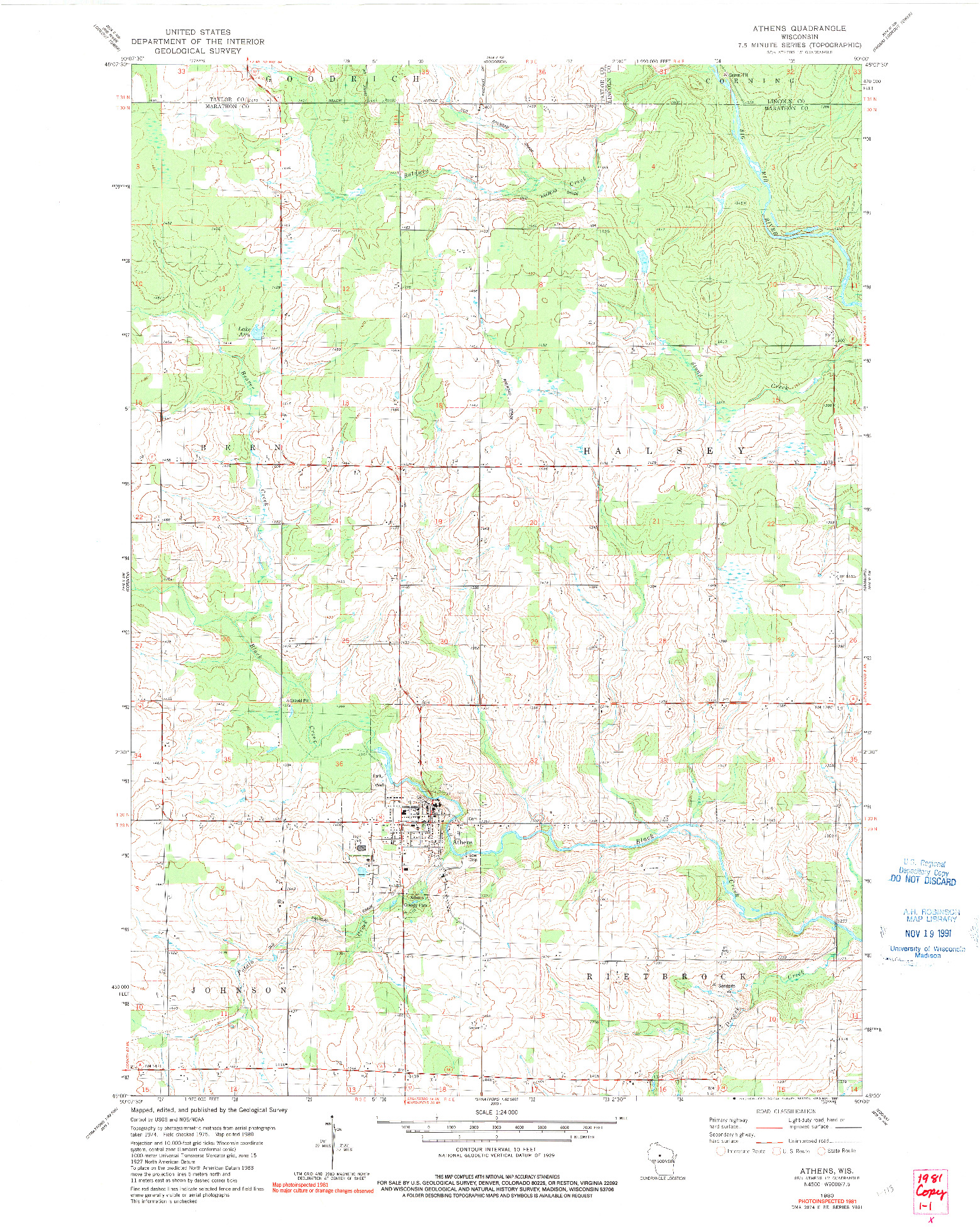 USGS 1:24000-SCALE QUADRANGLE FOR ATHENS, WI 1980