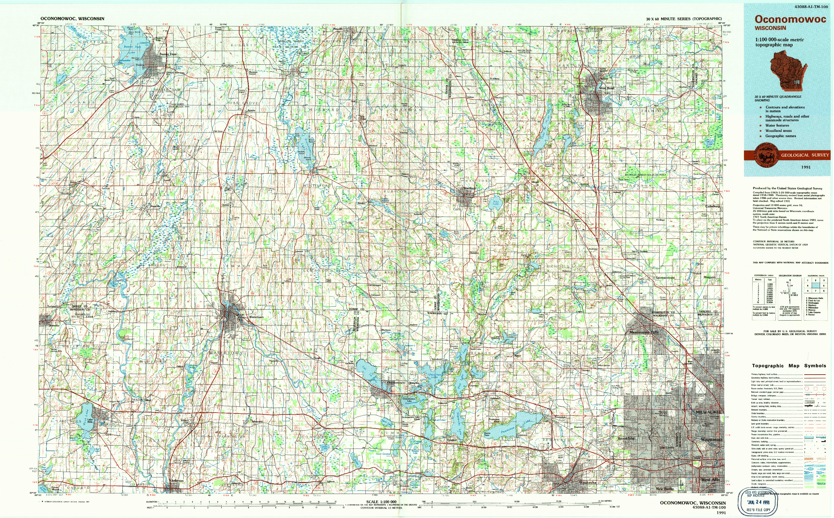 USGS 1:100000-SCALE QUADRANGLE FOR OCONOMOWOC, WI 1991