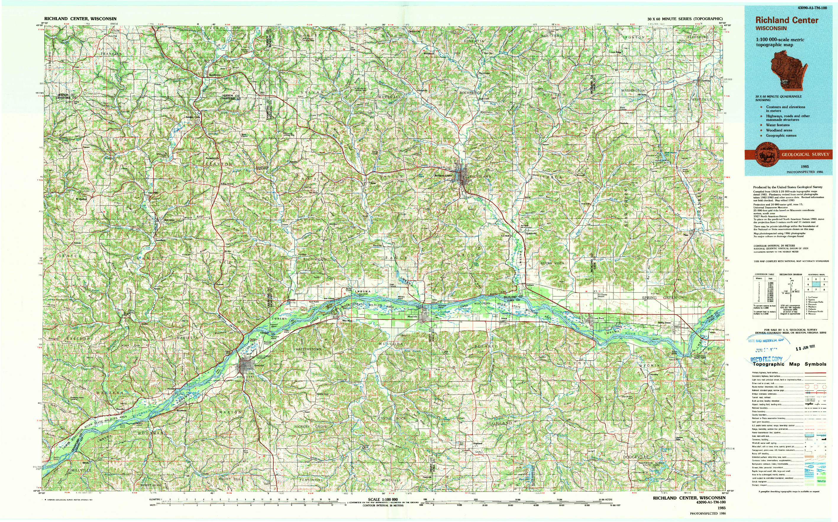 USGS 1:100000-SCALE QUADRANGLE FOR RICHLAND CENTER, WI 1985