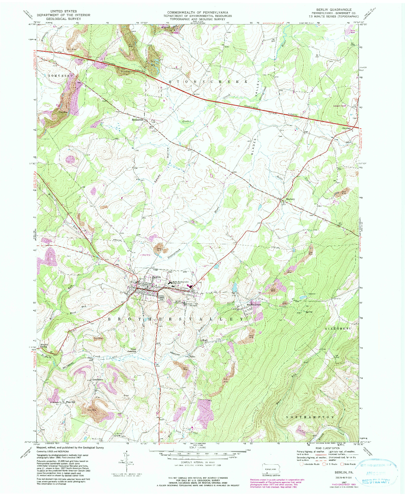 USGS 1:24000-SCALE QUADRANGLE FOR BERLIN, PA 1967