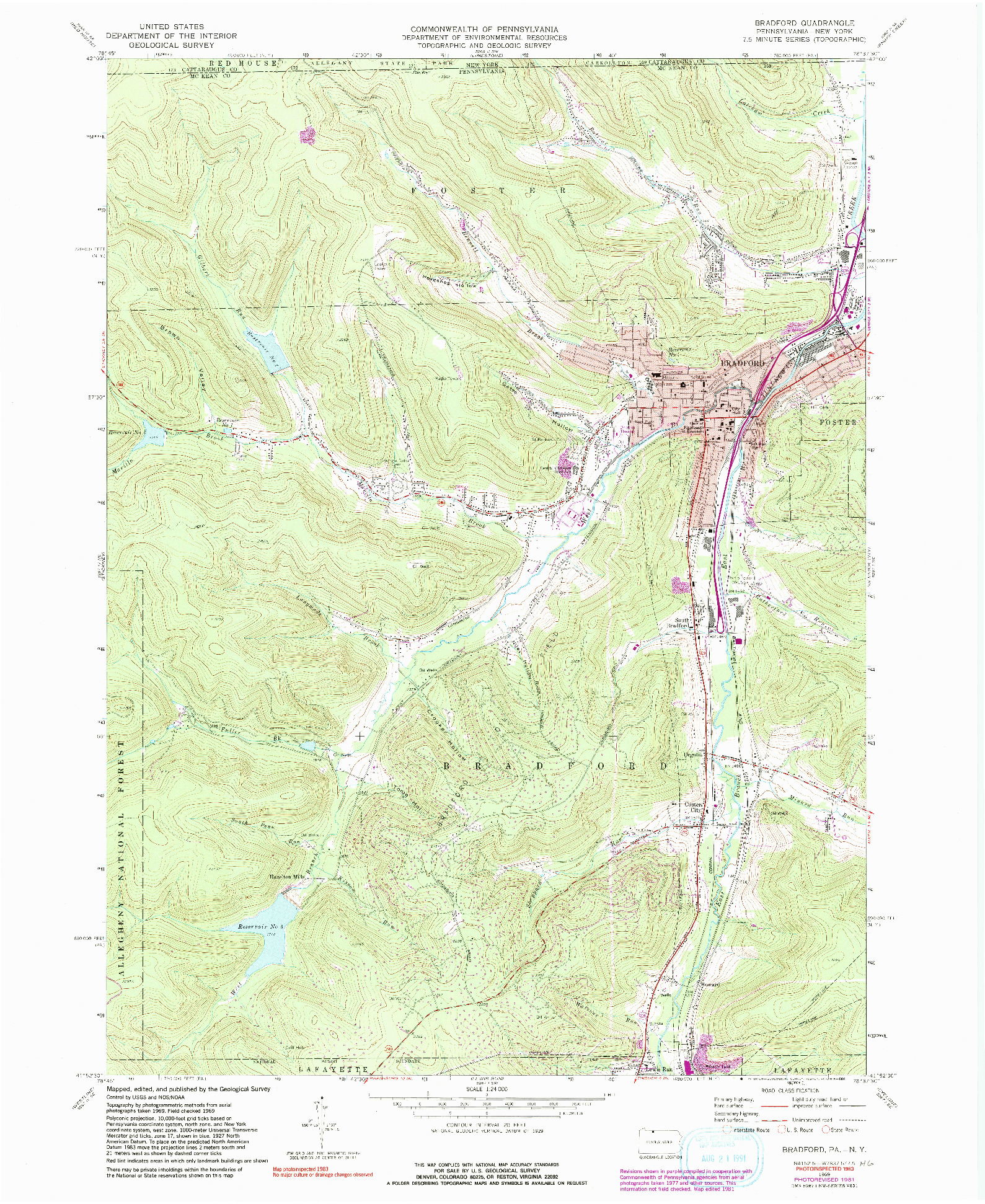 USGS 1:24000-SCALE QUADRANGLE FOR BRADFORD, PA 1969