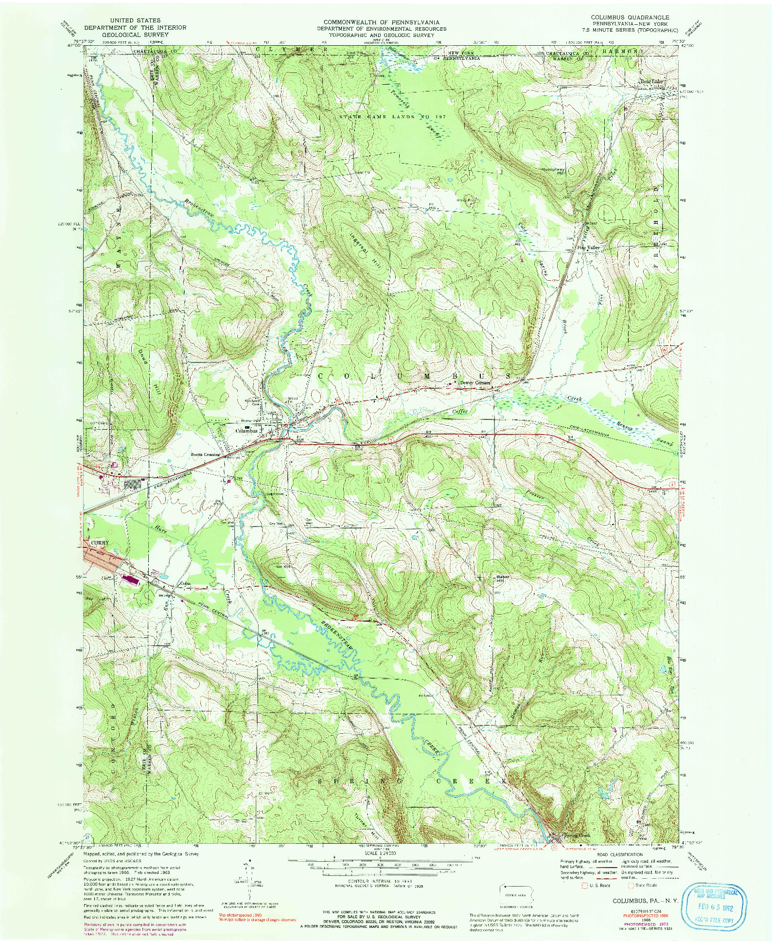 USGS 1:24000-SCALE QUADRANGLE FOR COLUMBUS, PA 1968