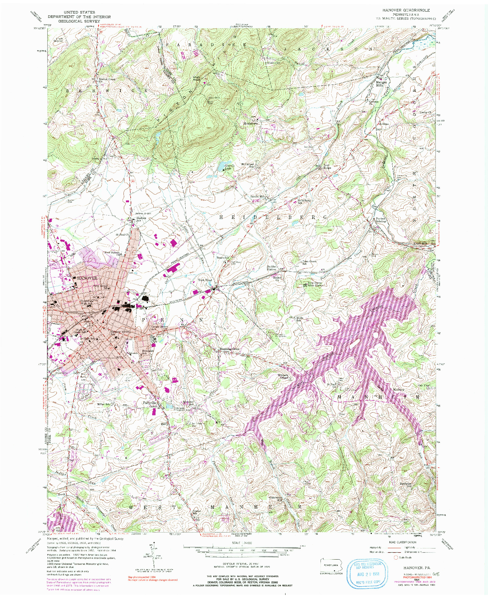 USGS 1:24000-SCALE QUADRANGLE FOR HANOVER, PA 1954