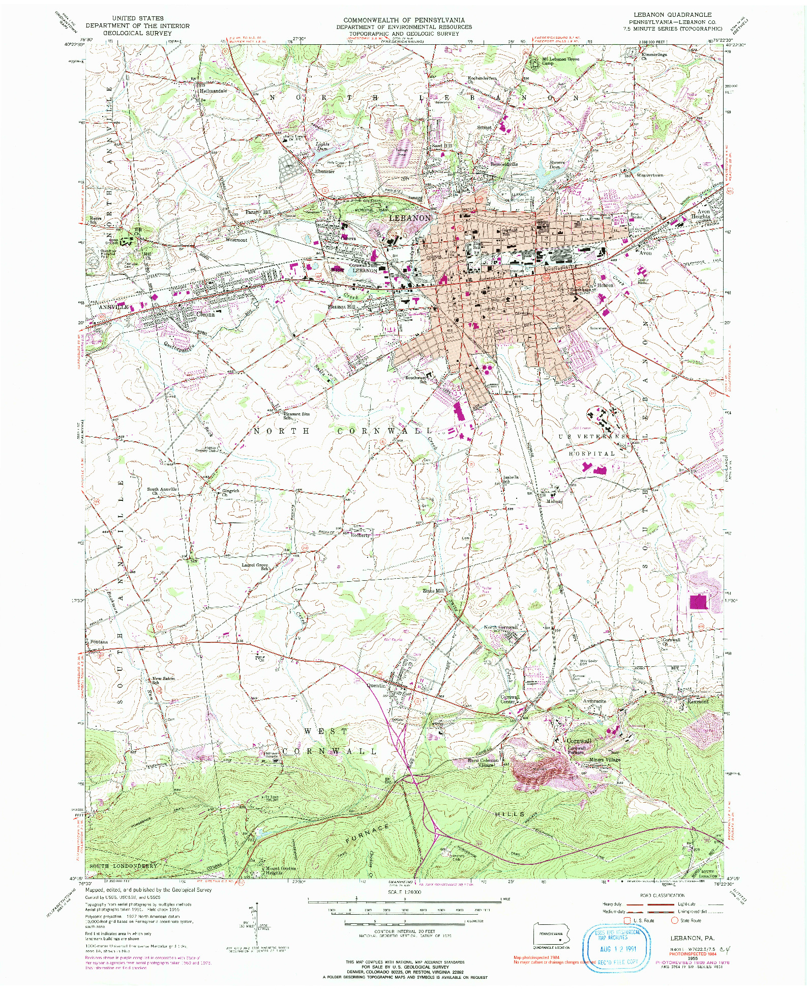 USGS 1:24000-SCALE QUADRANGLE FOR LEBANON, PA 1955