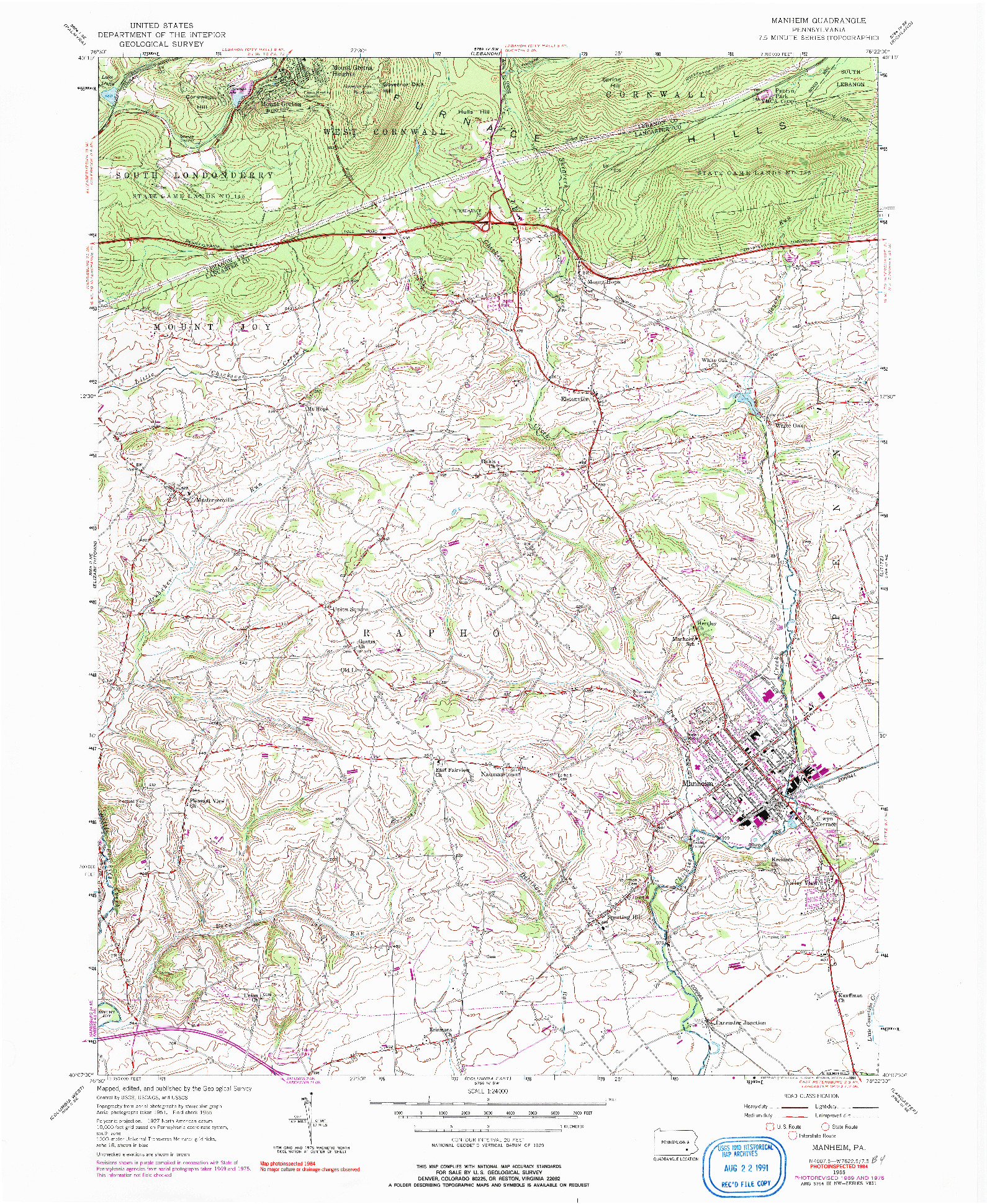 USGS 1:24000-SCALE QUADRANGLE FOR MANHEIM, PA 1955