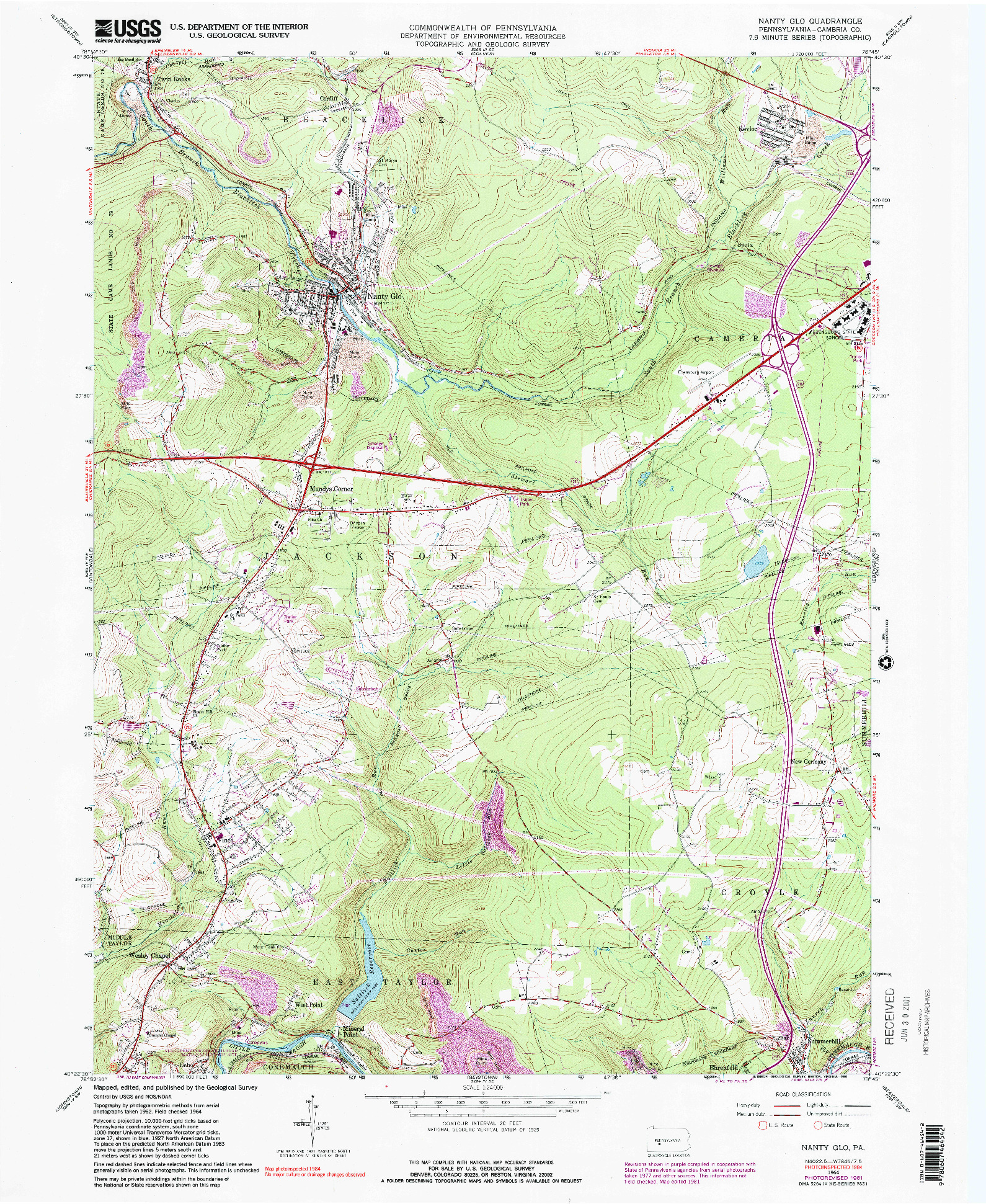 USGS 1:24000-SCALE QUADRANGLE FOR NANTY GLO, PA 1964