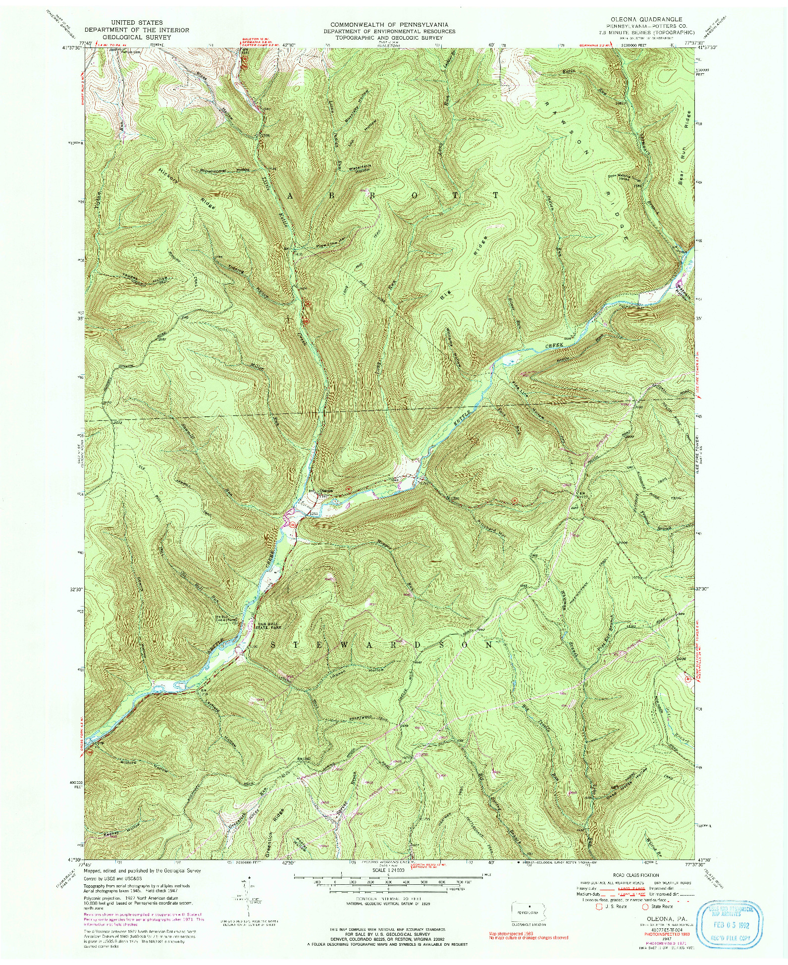 USGS 1:24000-SCALE QUADRANGLE FOR OLEONA, PA 1947