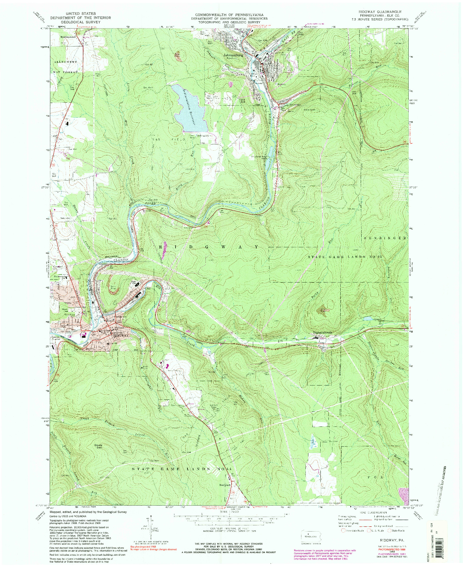 USGS 1:24000-SCALE QUADRANGLE FOR RIDGWAY, PA 1969