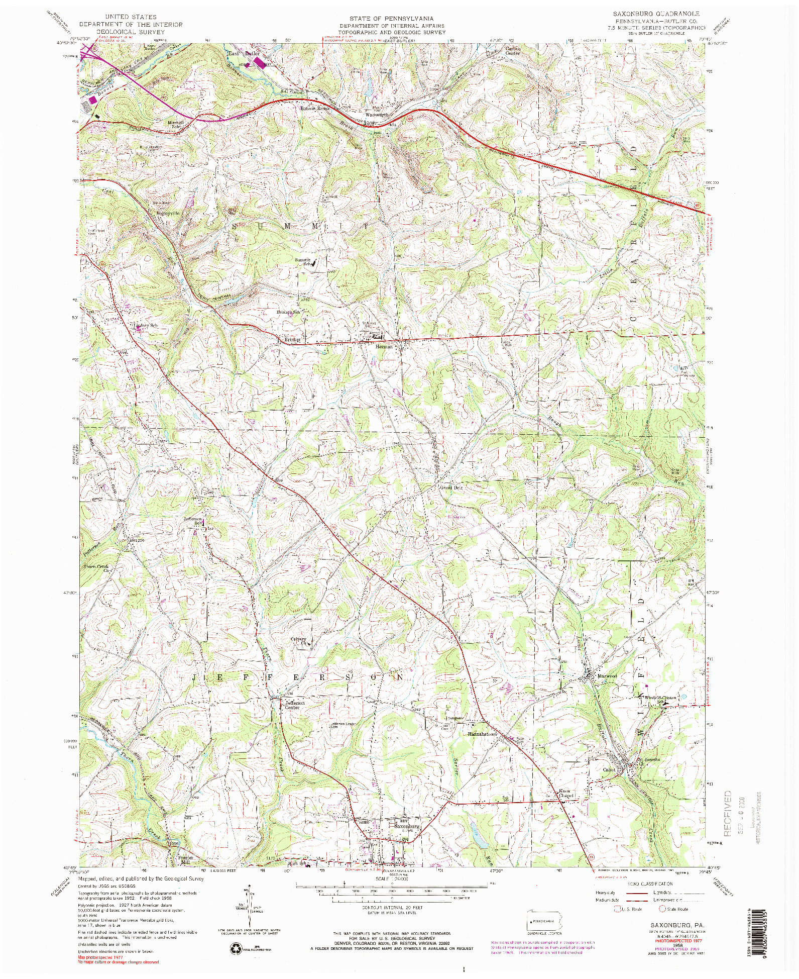 USGS 1:24000-SCALE QUADRANGLE FOR SAXONBURG, PA 1958