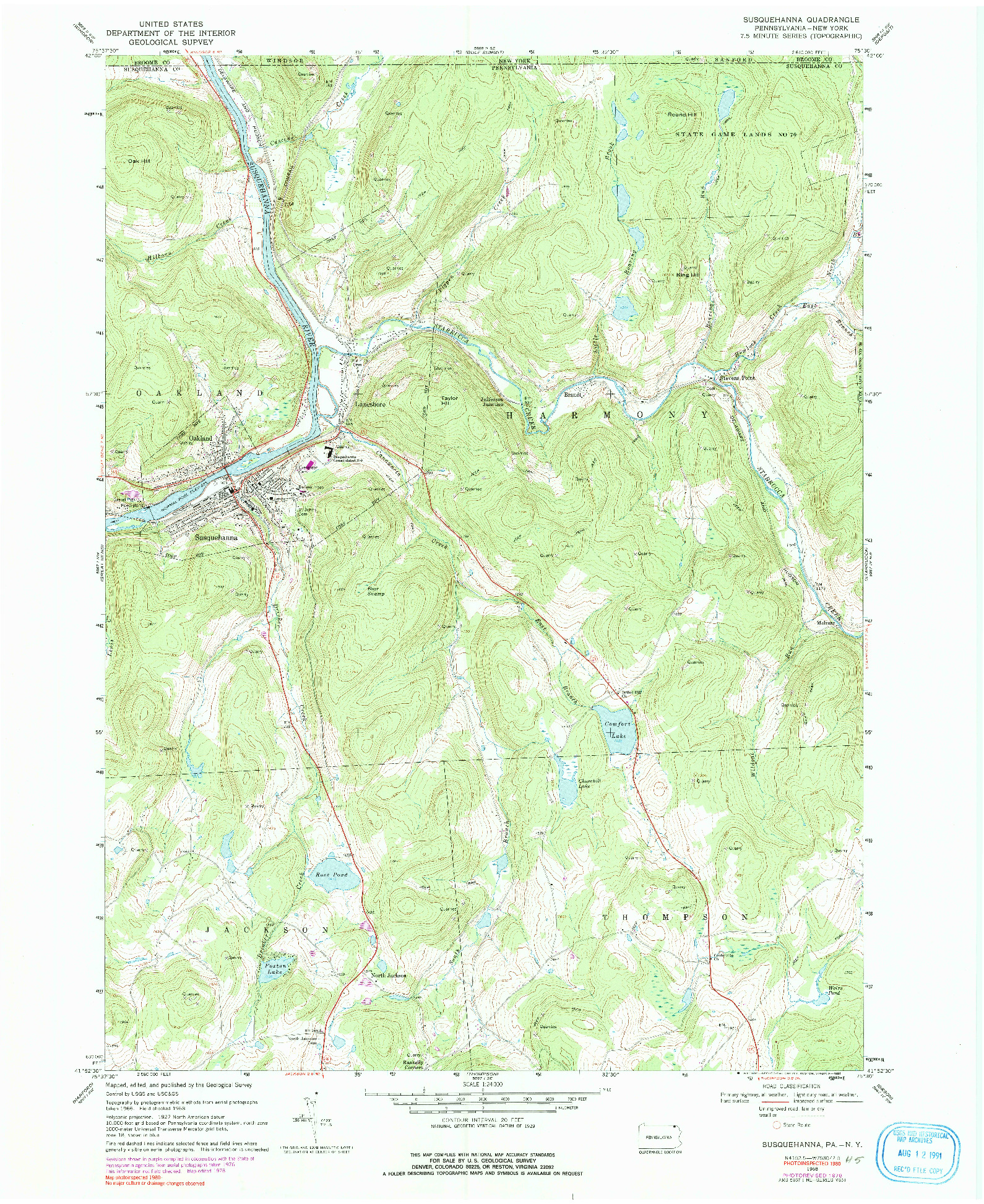 USGS 1:24000-SCALE QUADRANGLE FOR SUSQUEHANNA, PA 1968