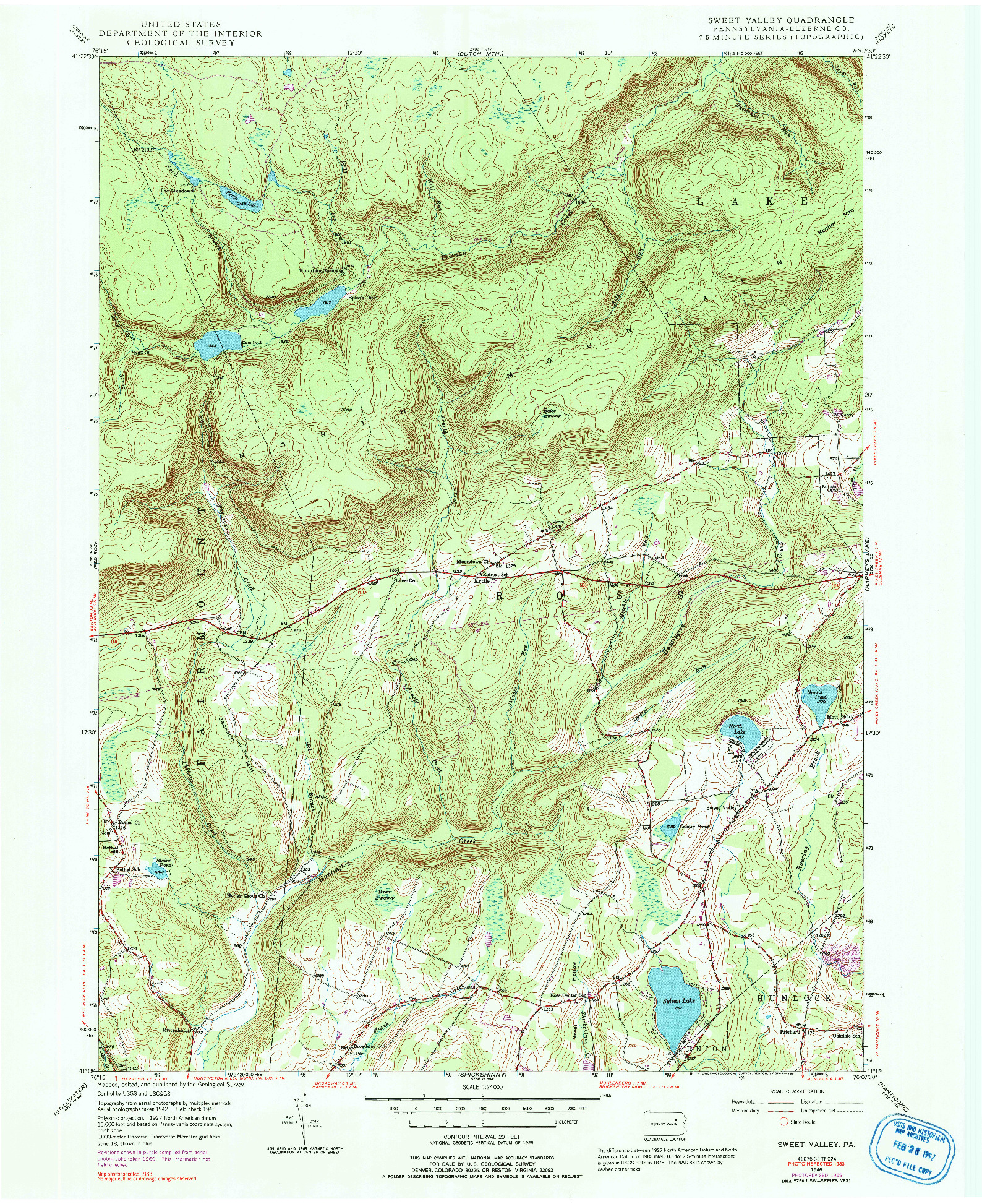 USGS 1:24000-SCALE QUADRANGLE FOR SWEET VALLEY, PA 1946