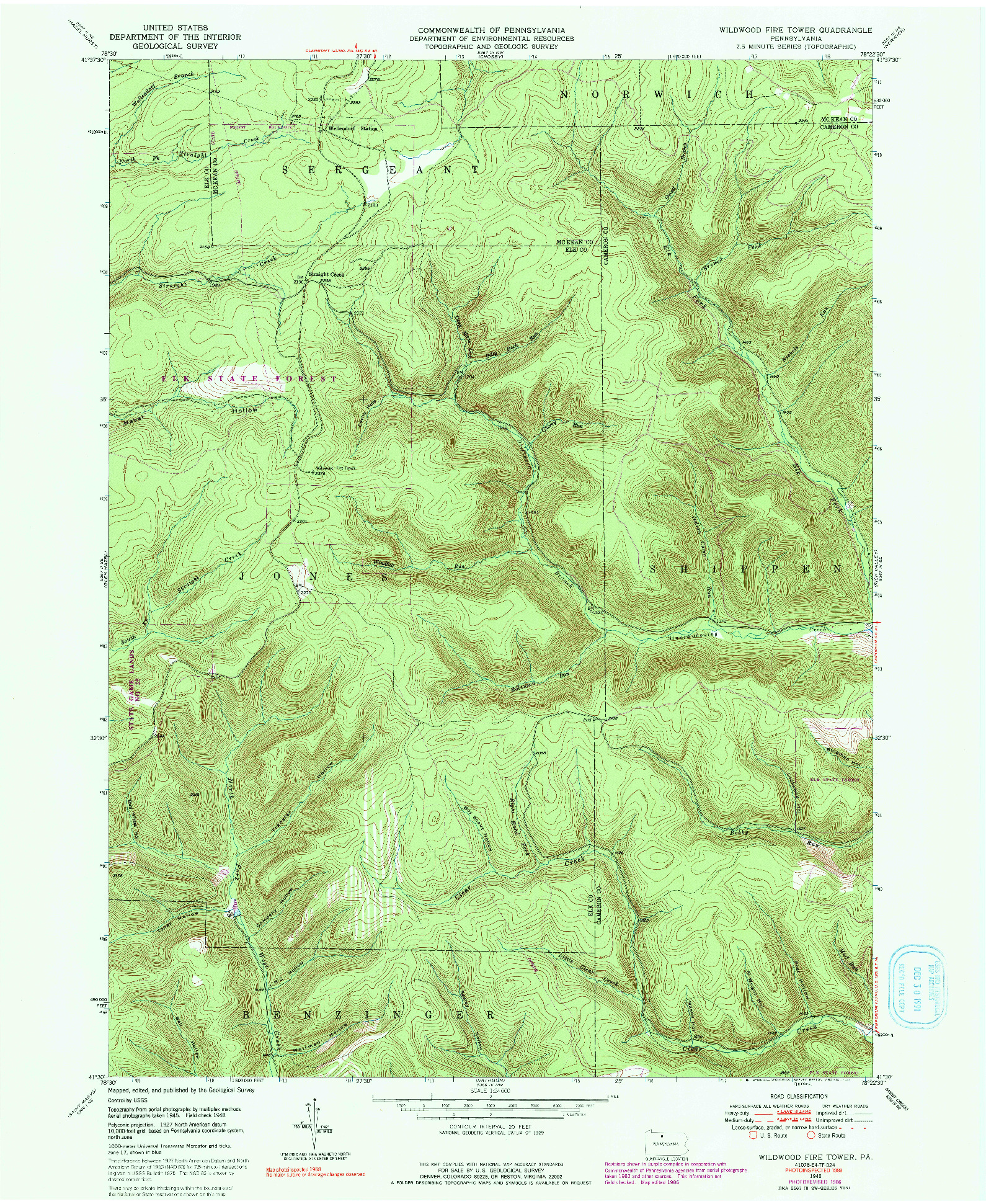 USGS 1:24000-SCALE QUADRANGLE FOR WILDWOOD FIRE TOWER, PA 1948