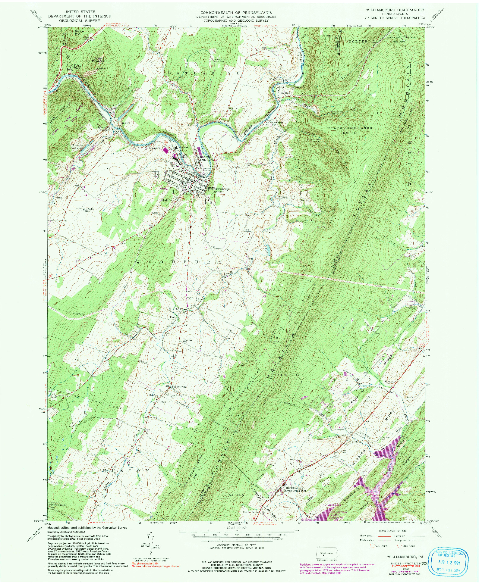 USGS 1:24000-SCALE QUADRANGLE FOR WILLIAMSBURG, PA 1963