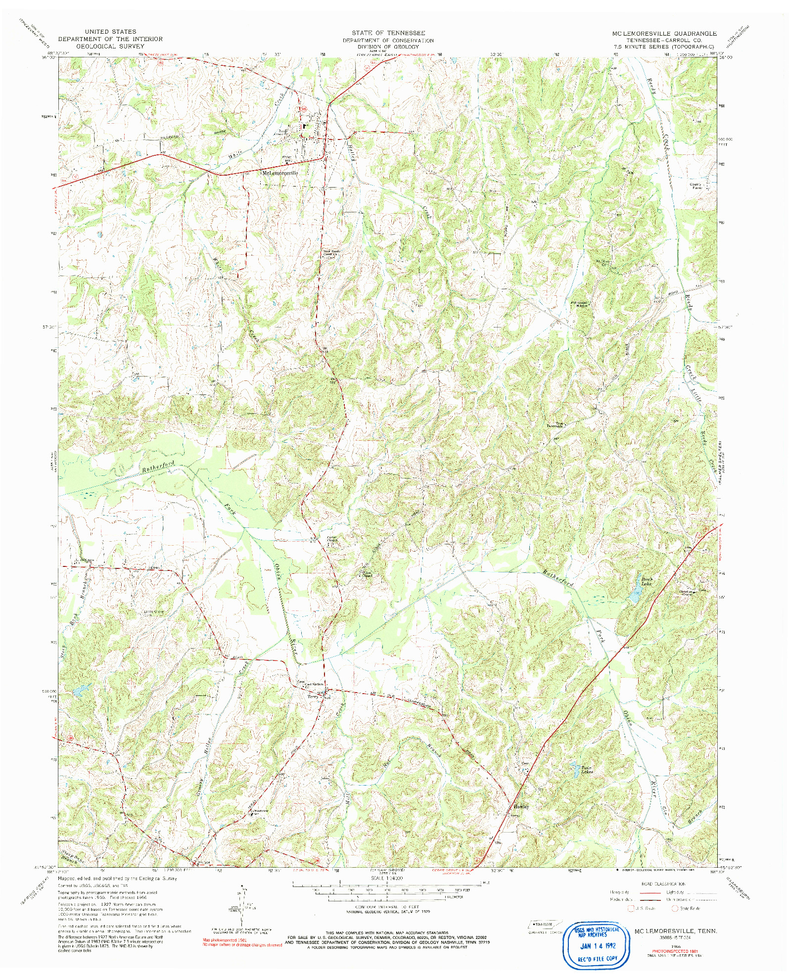USGS 1:24000-SCALE QUADRANGLE FOR MC LEMORESVILLE, TN 1966