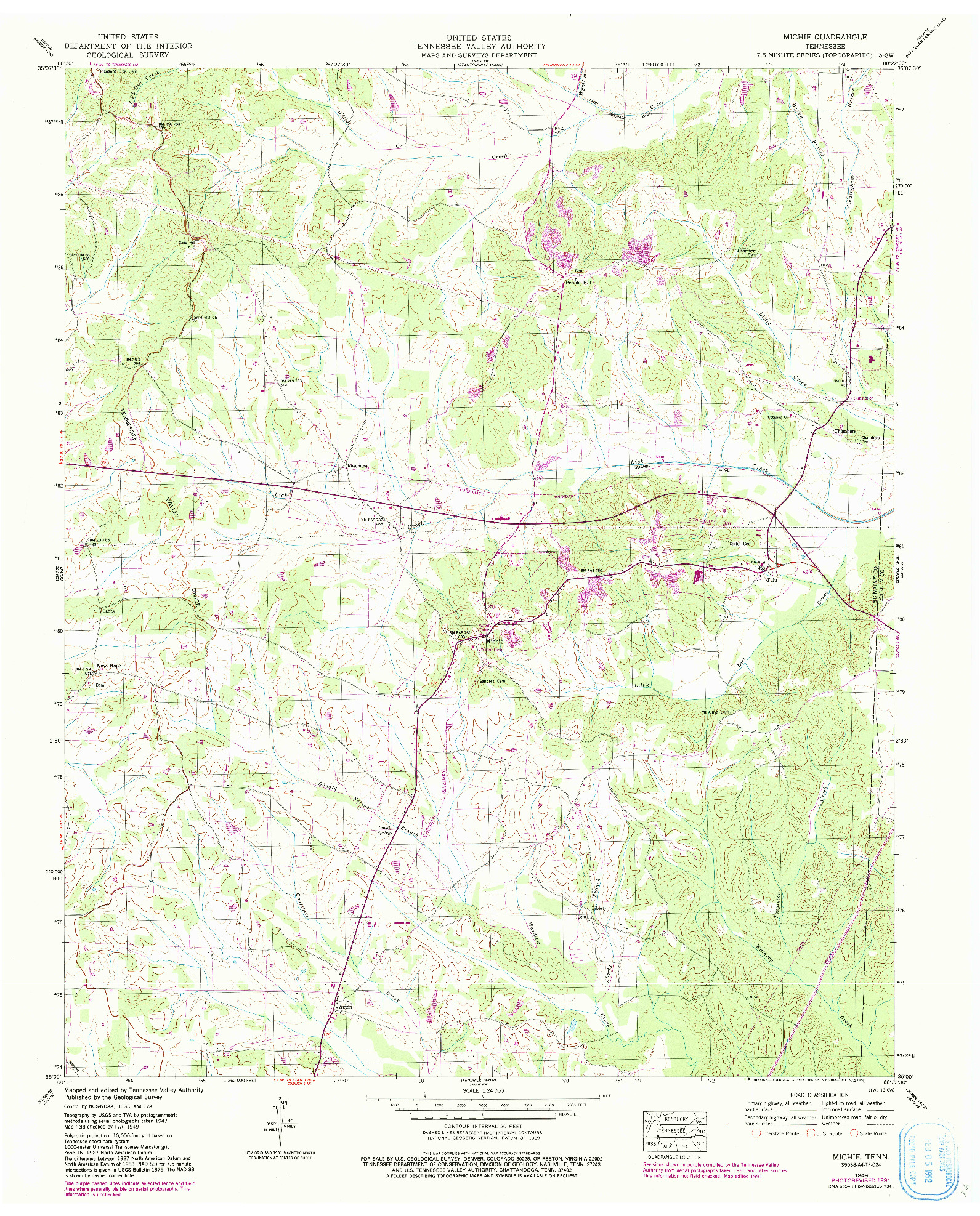 USGS 1:24000-SCALE QUADRANGLE FOR MICHIE, TN 1949
