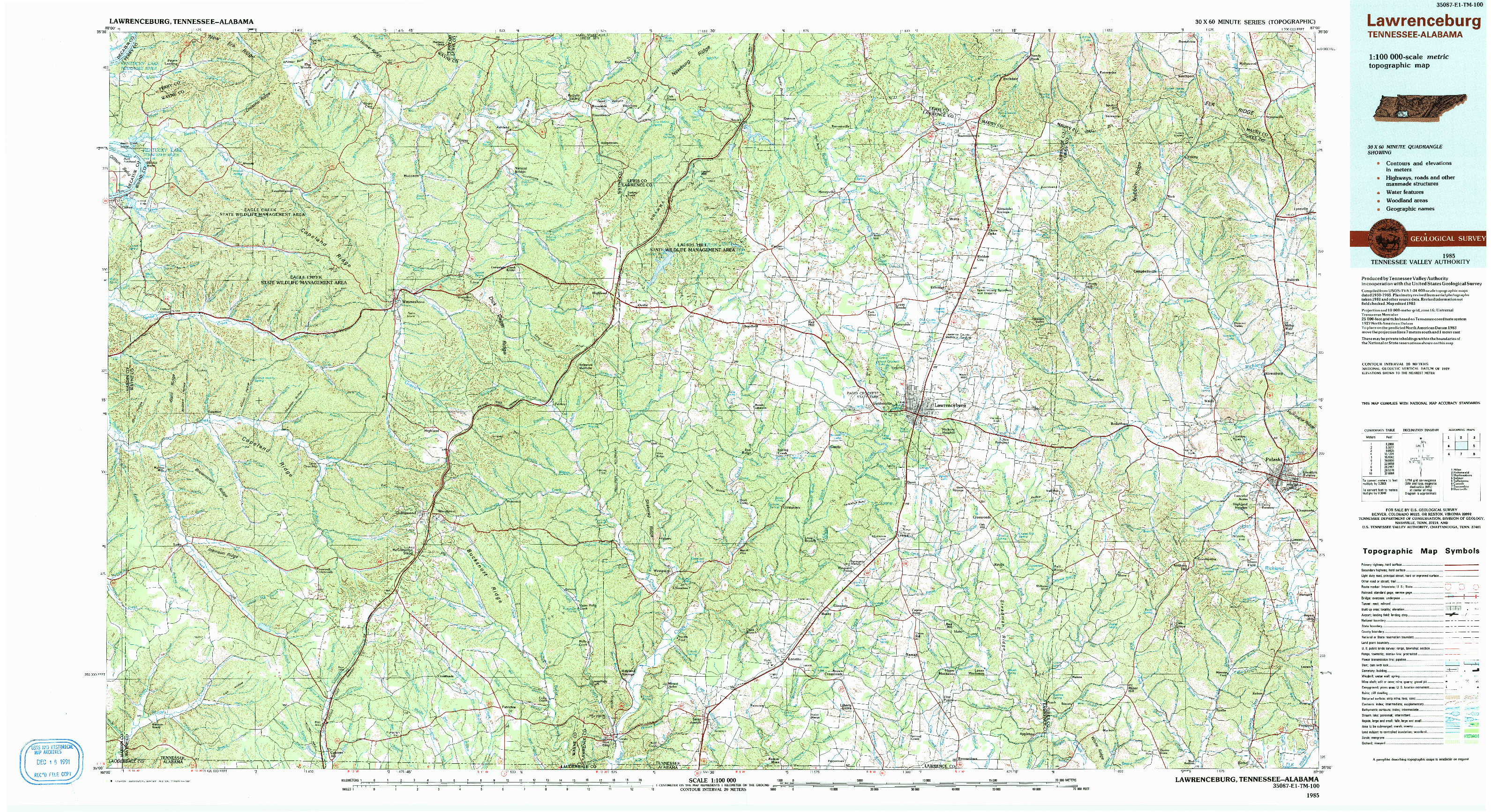 USGS 1:100000-SCALE QUADRANGLE FOR LAWRENCEBURG, TN 1985