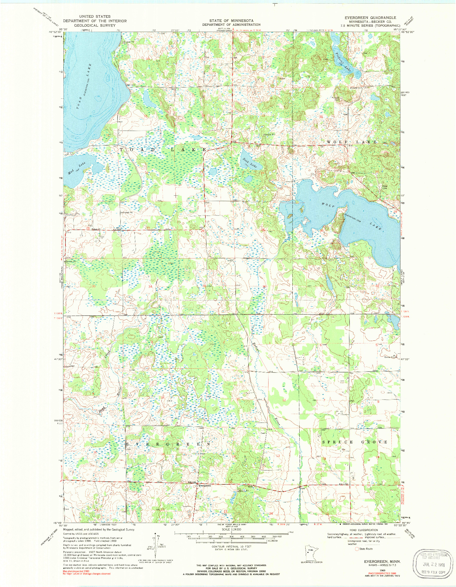 USGS 1:24000-SCALE QUADRANGLE FOR EVERGREEN, MN 1969