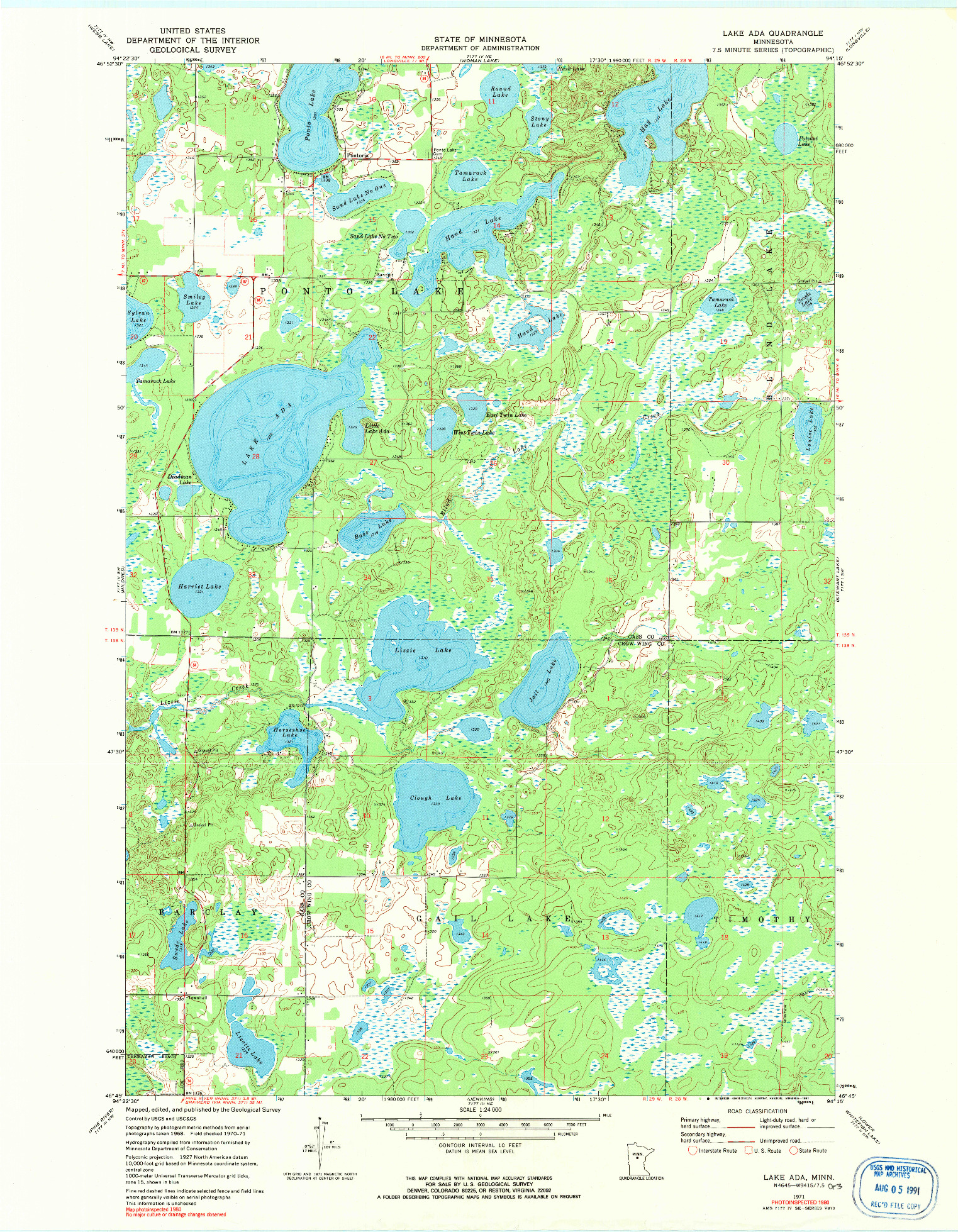 USGS 1:24000-SCALE QUADRANGLE FOR LAKE ADA, MN 1971