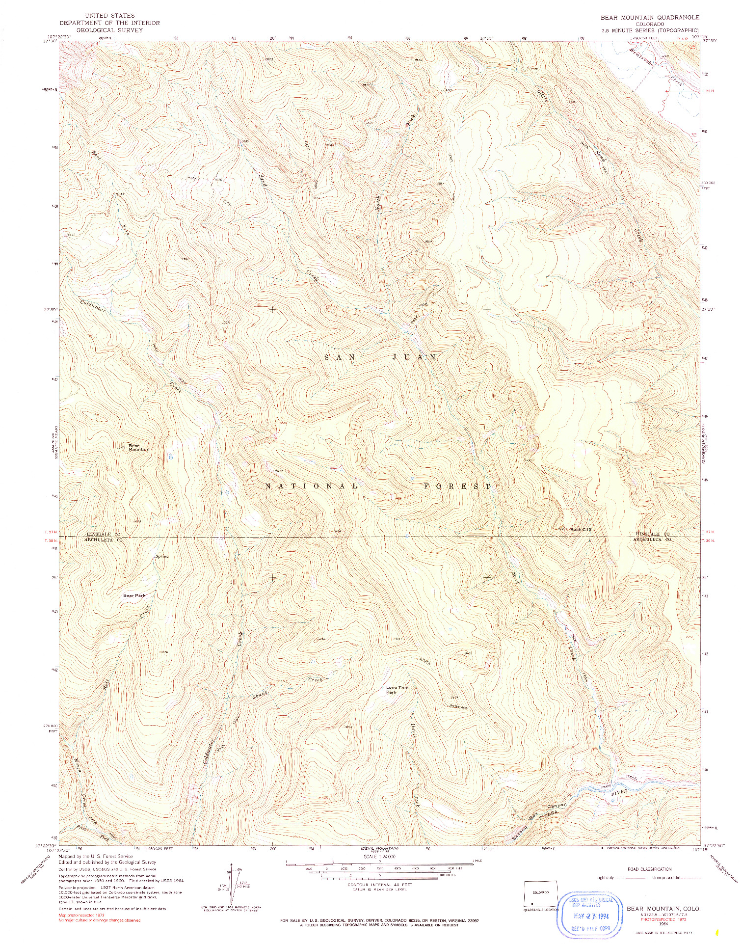 USGS 1:24000-SCALE QUADRANGLE FOR BEAR MOUNTAIN, CO 1964