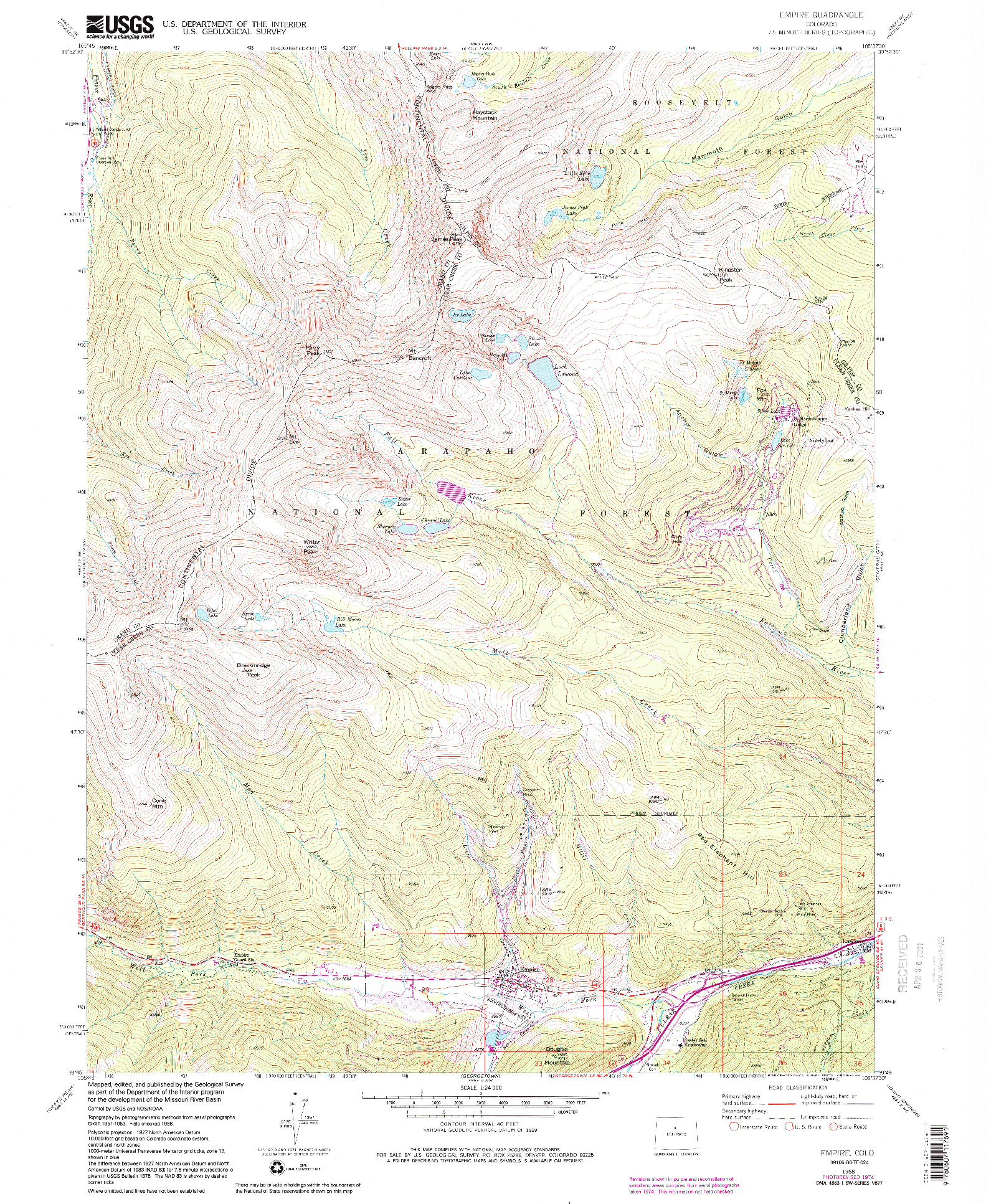 USGS 1:24000-SCALE QUADRANGLE FOR EMPIRE, CO 1958