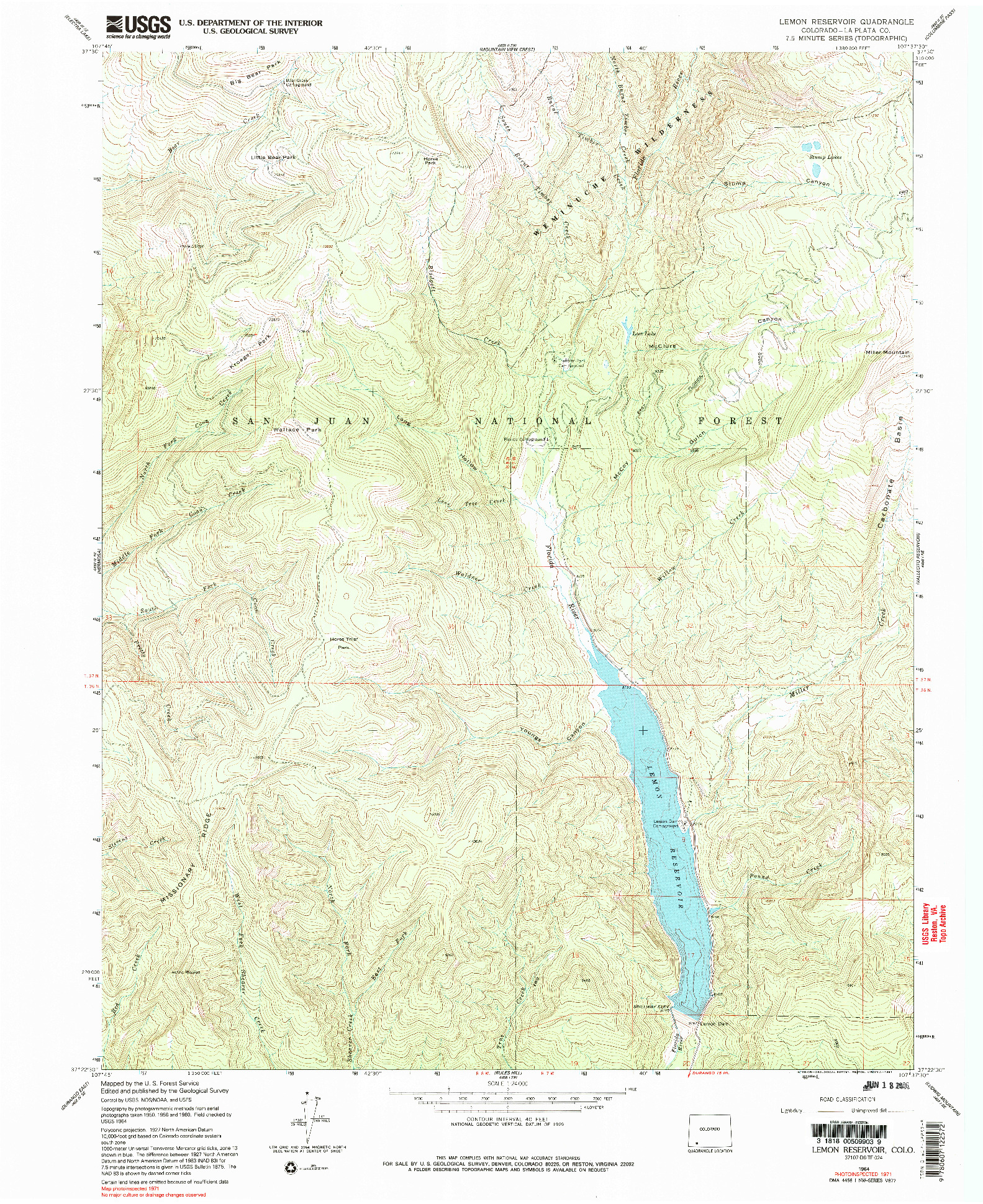 USGS 1:24000-SCALE QUADRANGLE FOR LEMON RESERVOIR, CO 1964