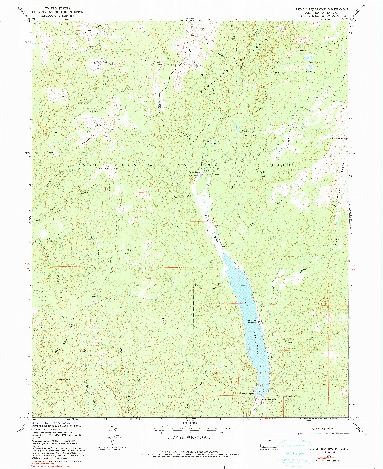 USGS 1:24000-SCALE QUADRANGLE FOR LEMON RESERVOIR, CO 1964