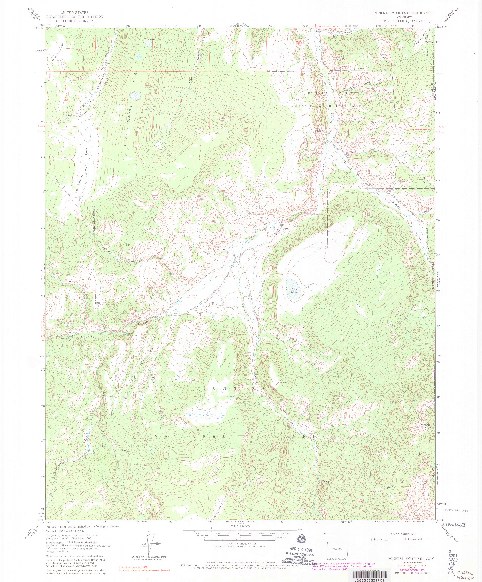 USGS 1:24000-SCALE QUADRANGLE FOR MINERAL MOUNTAIN, CO 1963