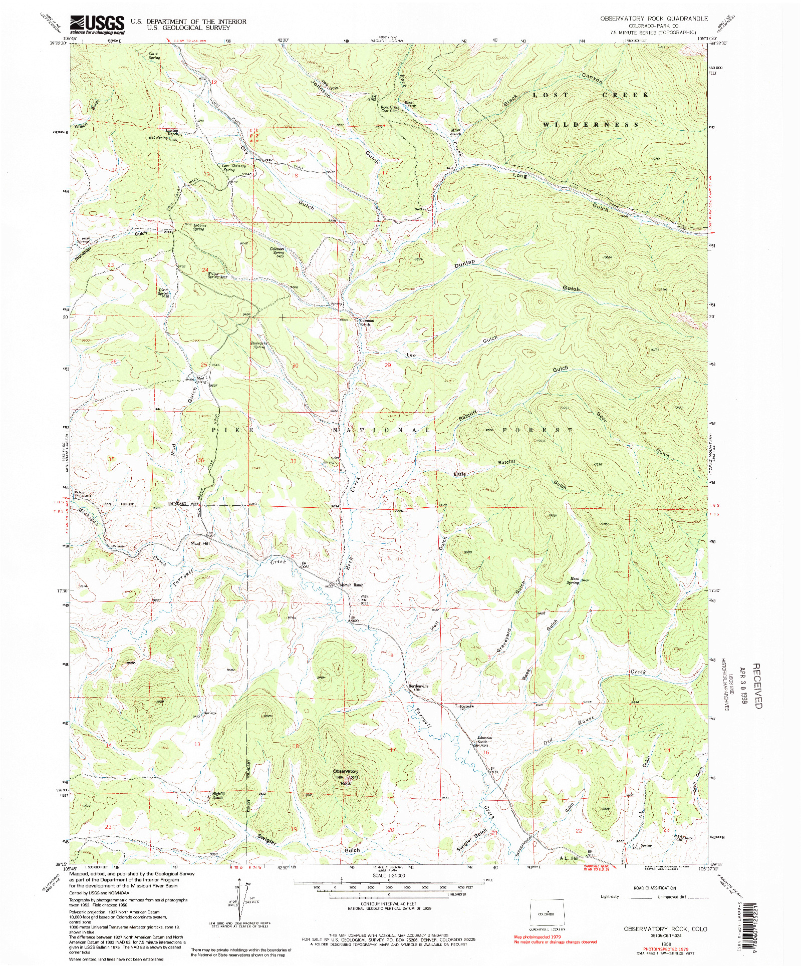 USGS 1:24000-SCALE QUADRANGLE FOR OBSERVATORY ROCK, CO 1958